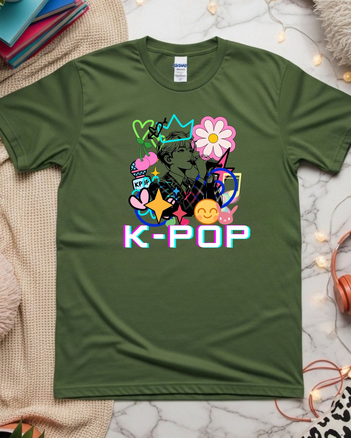 K‑Pop Performer T‑Shirt – Pop Art Singer Illustration with Hearts, Stars, Cherries & Music Notes, Colourful K‑Pop Fan Graphic