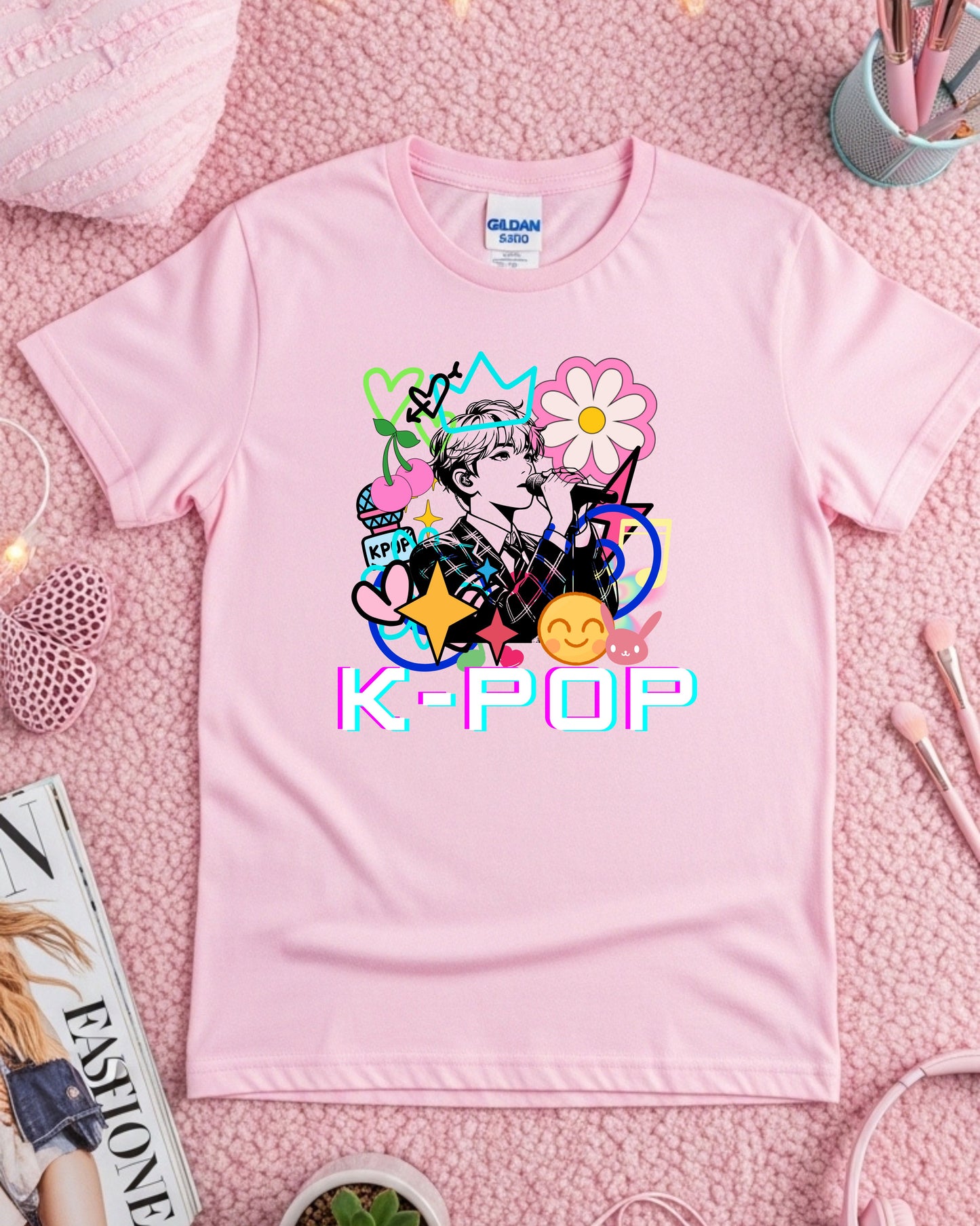 K‑Pop Performer T‑Shirt – Pop Art Singer Illustration with Hearts, Stars, Cherries & Music Notes, Colourful K‑Pop Fan Graphic