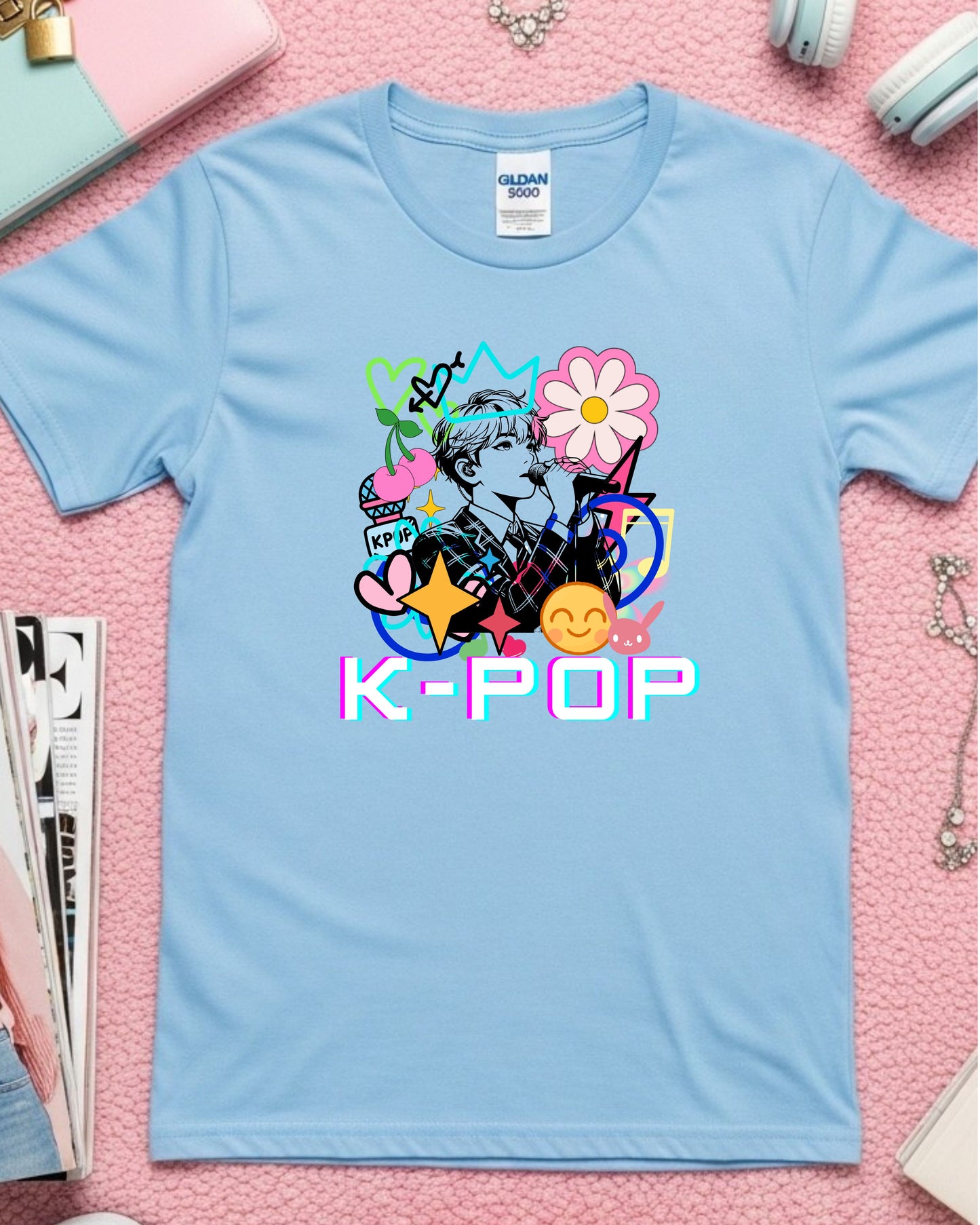 K‑Pop Performer T‑Shirt – Pop Art Singer Illustration with Hearts, Stars, Cherries & Music Notes, Colourful K‑Pop Fan Graphic