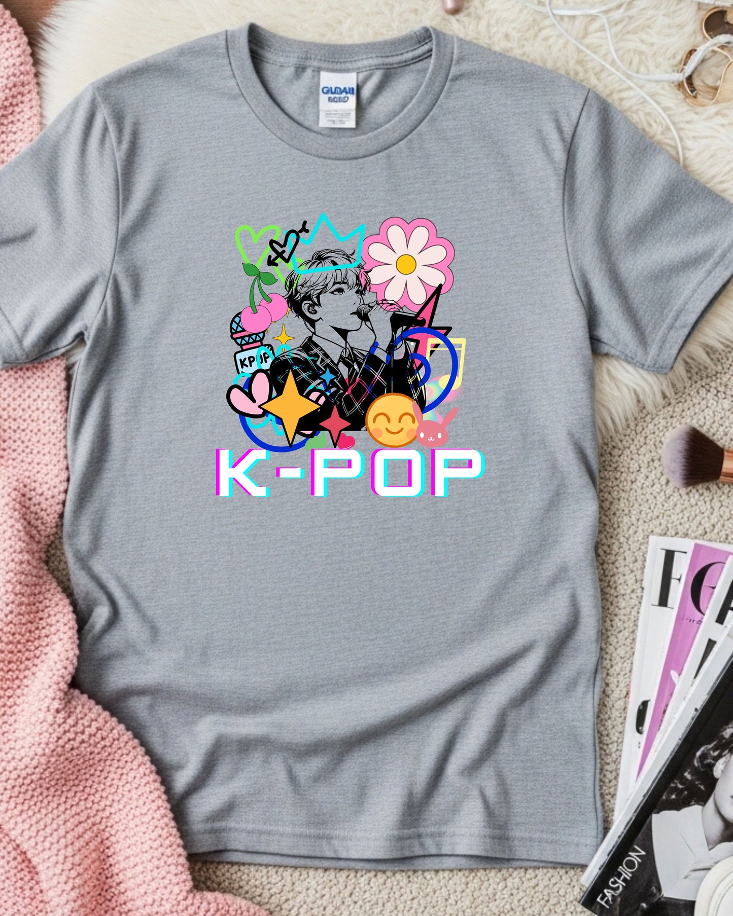 K‑Pop Performer T‑Shirt – Pop Art Singer Illustration with Hearts, Stars, Cherries & Music Notes, Colourful K‑Pop Fan Graphic