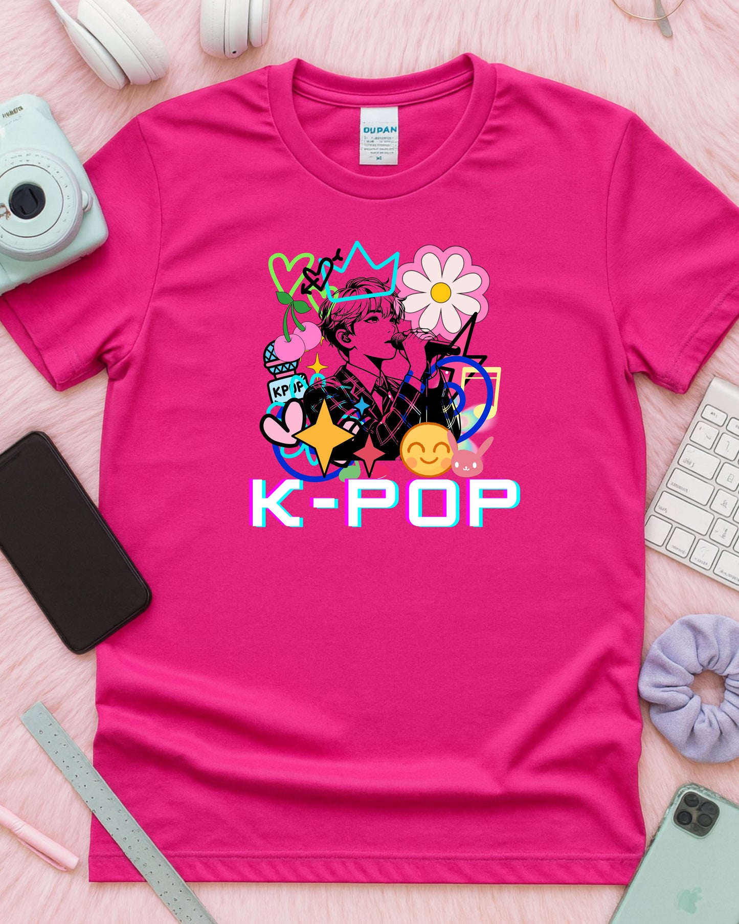 K‑Pop Performer T‑Shirt – Pop Art Singer Illustration with Hearts, Stars, Cherries & Music Notes, Colourful K‑Pop Fan Graphic