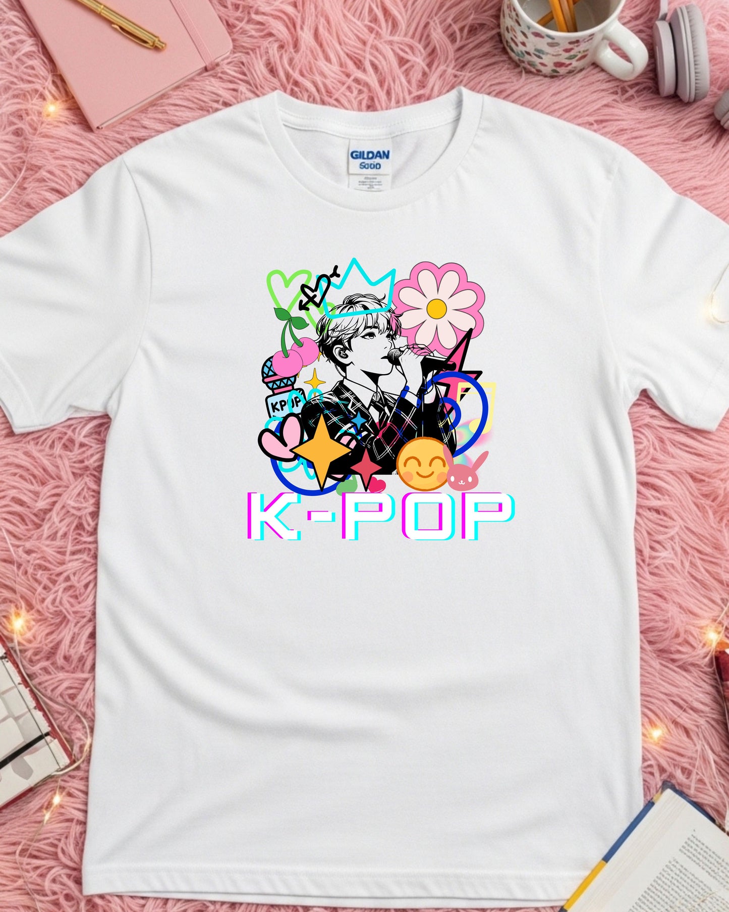 K‑Pop Performer T‑Shirt – Pop Art Singer Illustration with Hearts, Stars, Cherries & Music Notes, Colourful K‑Pop Fan Graphic
