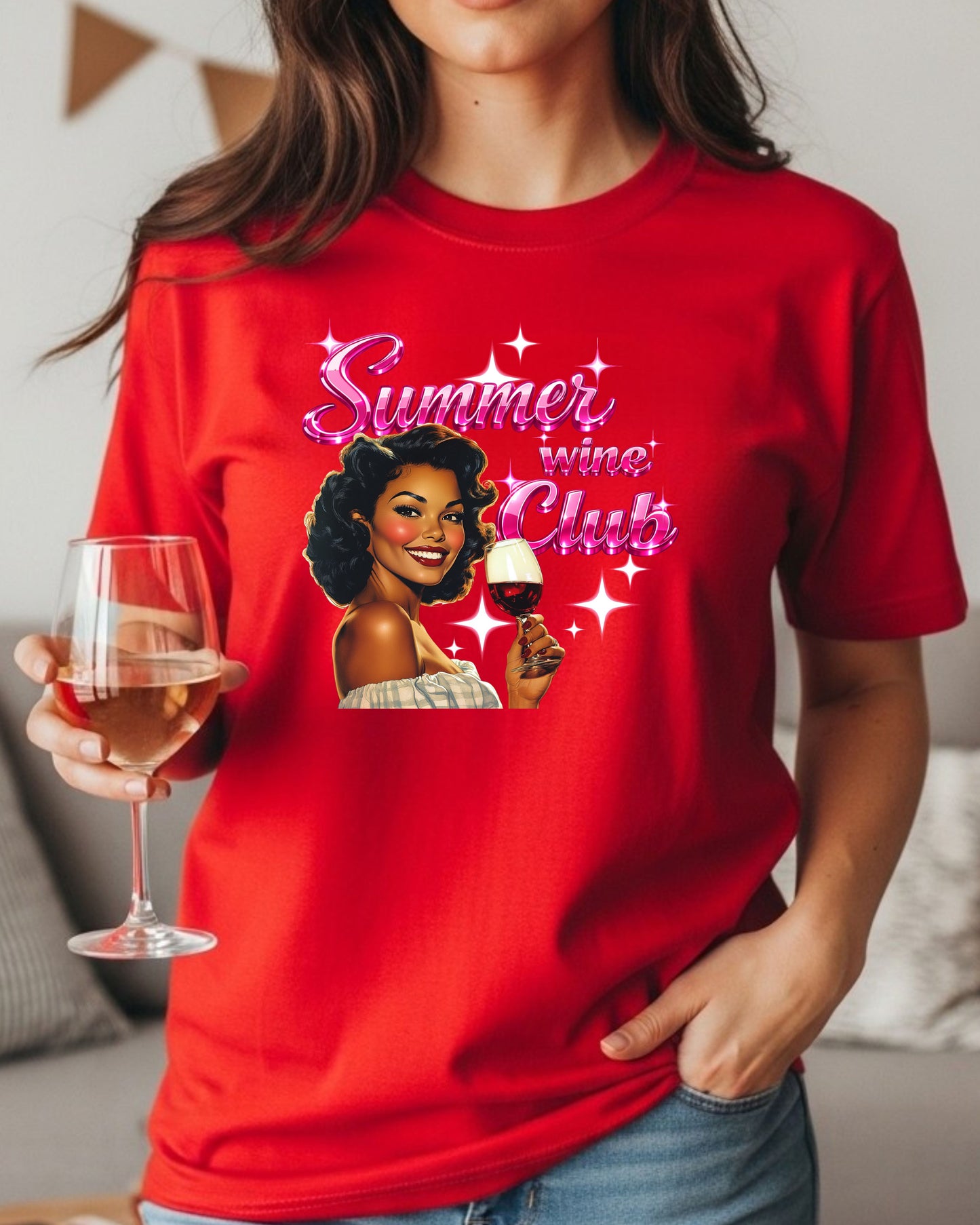 Summer Wine Club T‑Shirt – Retro Glam Woman with Wine Glass, Sparkly Pink Text, Fun Girls’ Night Graphic