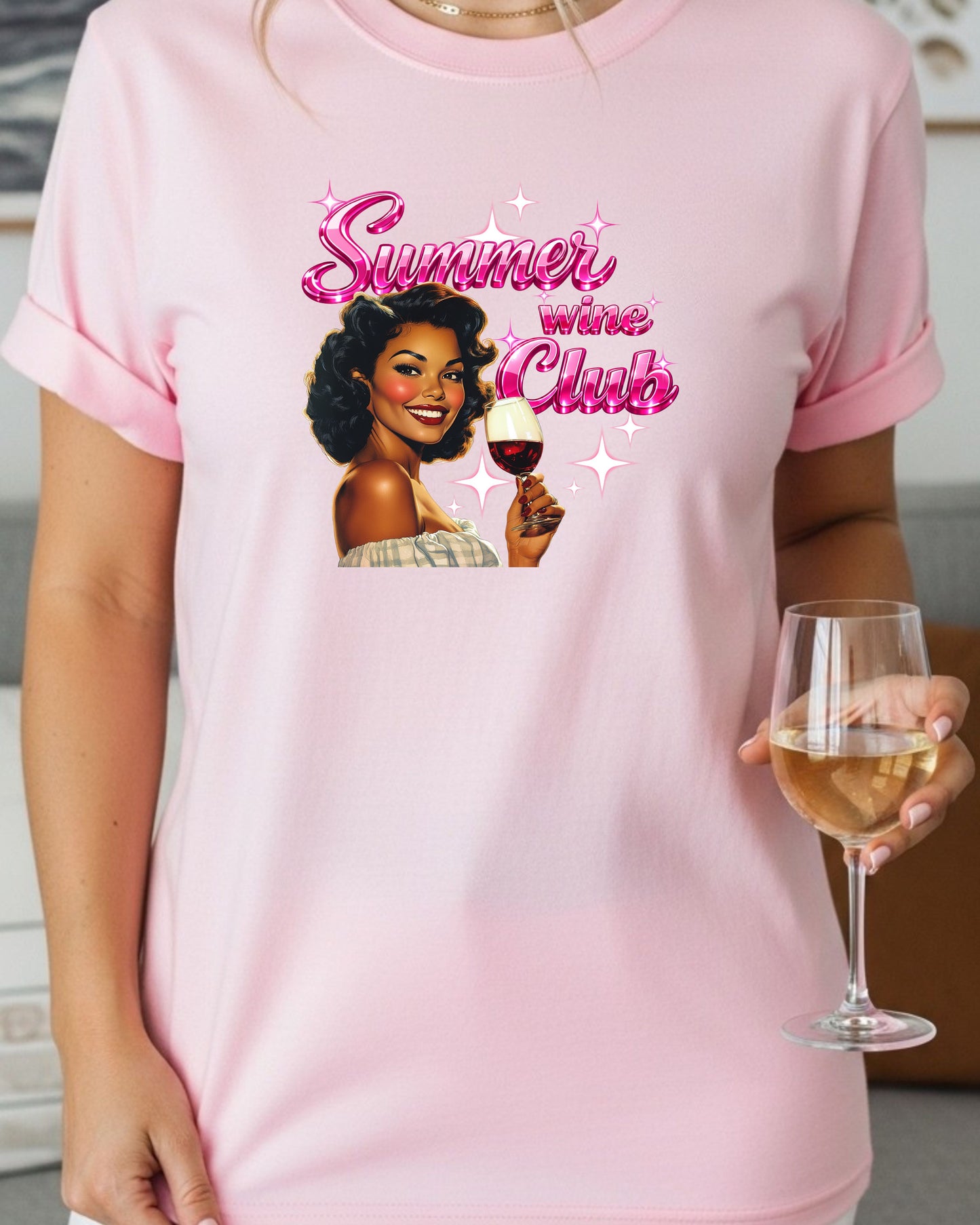 Summer Wine Club T‑Shirt – Retro Glam Woman with Wine Glass, Sparkly Pink Text, Fun Girls’ Night Graphic
