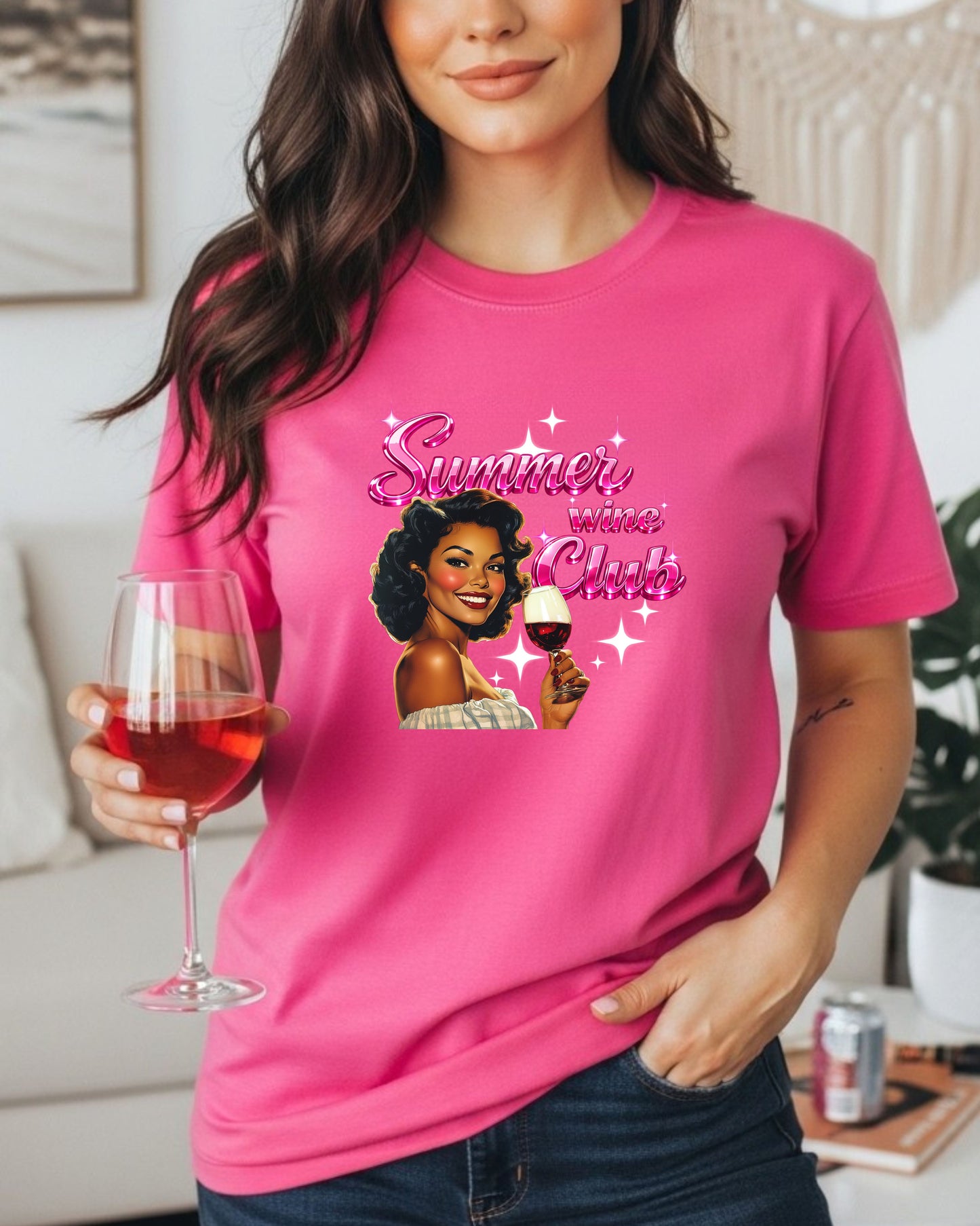 Summer Wine Club T‑Shirt – Retro Glam Woman with Wine Glass, Sparkly Pink Text, Fun Girls’ Night Graphic