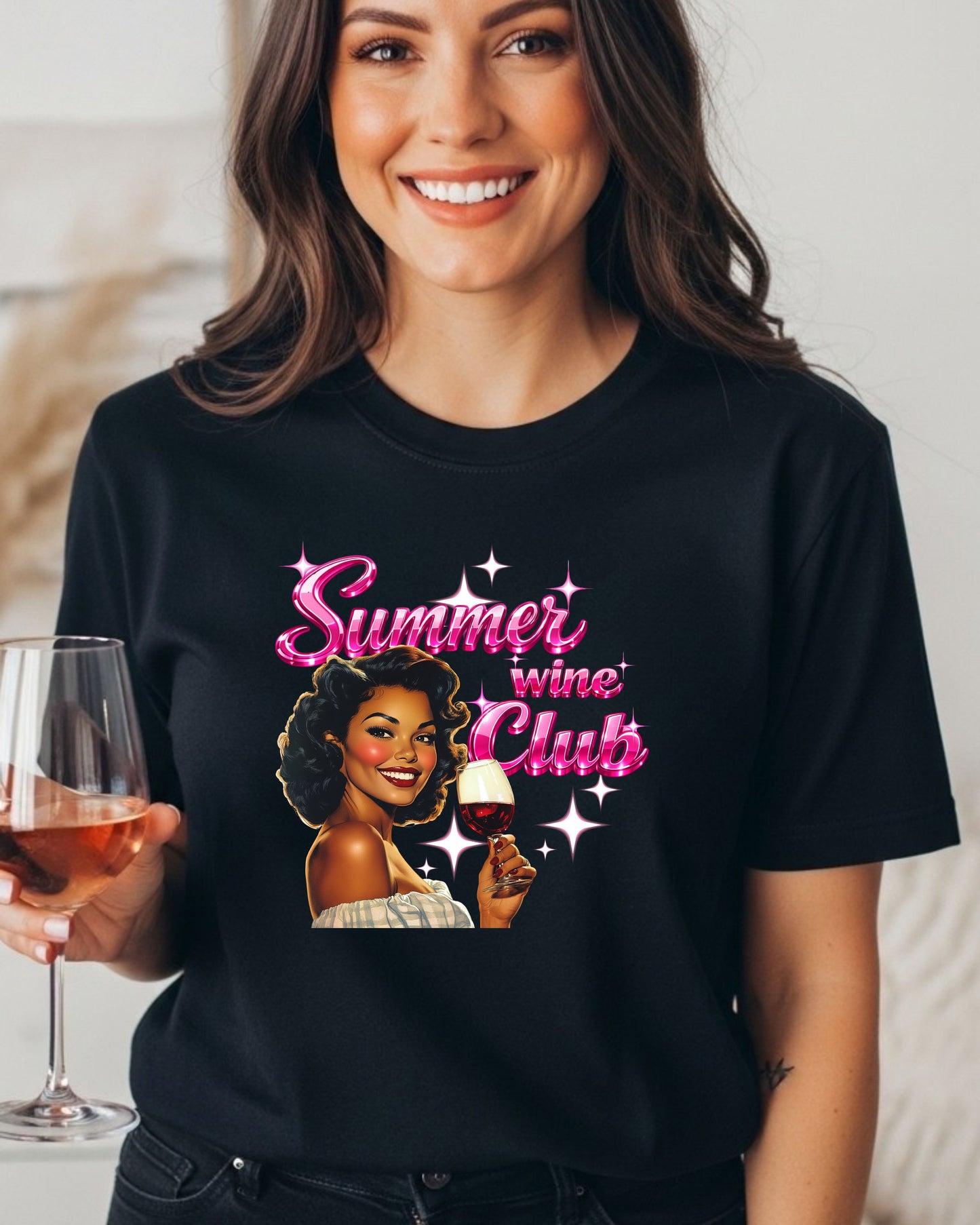 Summer Wine Club T‑Shirt – Retro Glam Woman with Wine Glass, Sparkly Pink Text, Fun Girls’ Night Graphic