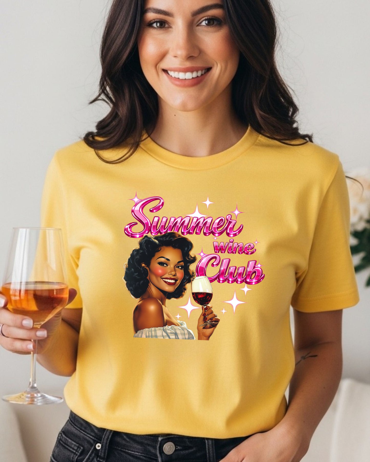 Summer Wine Club T‑Shirt – Retro Glam Woman with Wine Glass, Sparkly Pink Text, Fun Girls’ Night Graphic