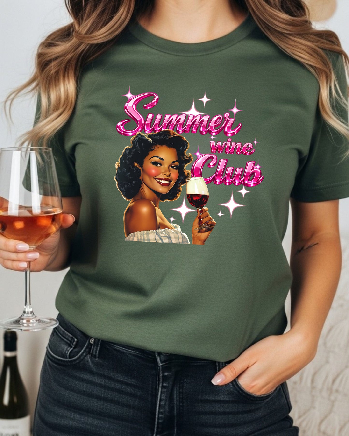 Summer Wine Club T‑Shirt – Retro Glam Woman with Wine Glass, Sparkly Pink Text, Fun Girls’ Night Graphic