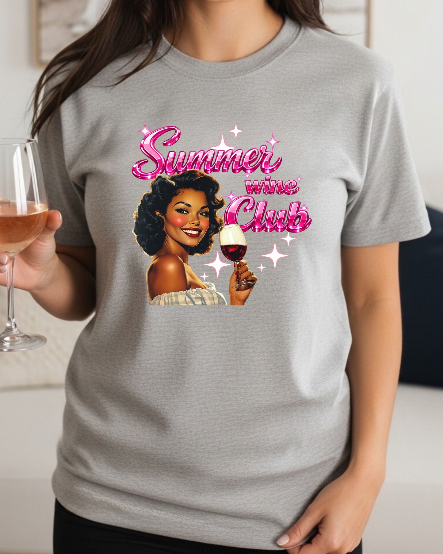 Summer Wine Club T‑Shirt – Retro Glam Woman with Wine Glass, Sparkly Pink Text, Fun Girls’ Night Graphic