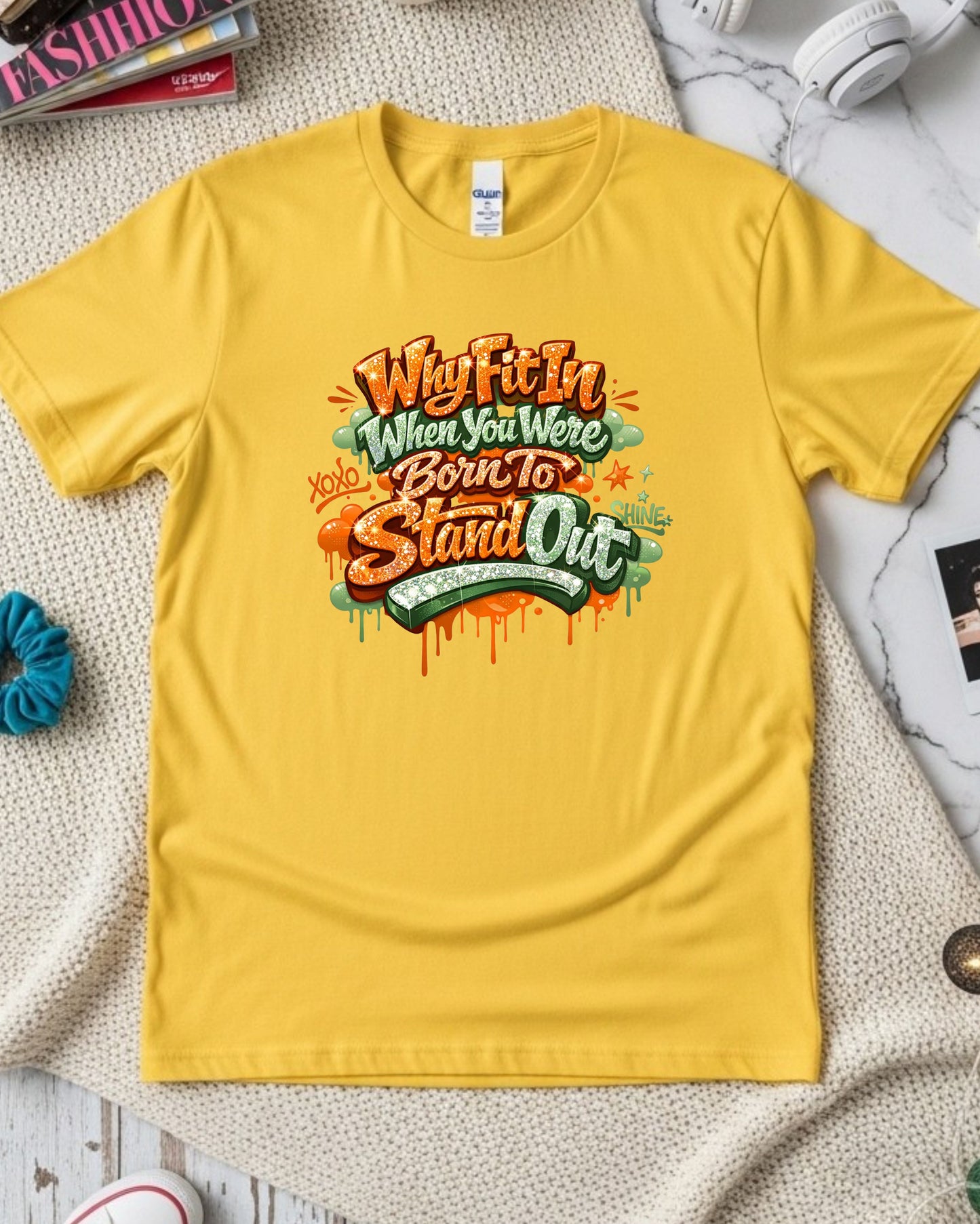 Why Fit In When Your Born To Stand Out T-Shirt – Glitter Graffiti Motivational Quote Tee for Girls