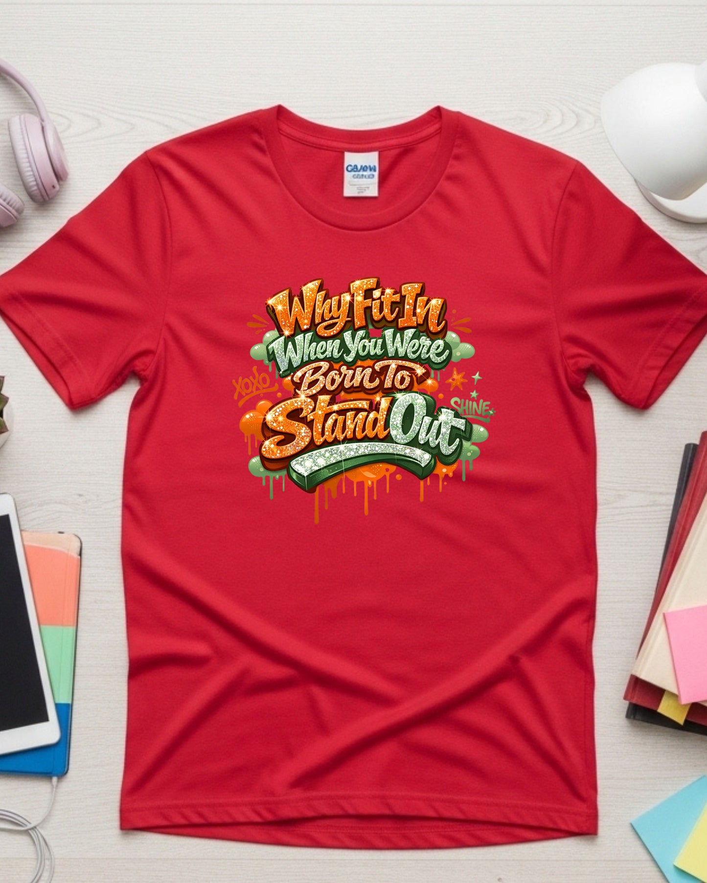 Why Fit In When Your Born To Stand Out T-Shirt – Glitter Graffiti Motivational Quote Tee for Girls