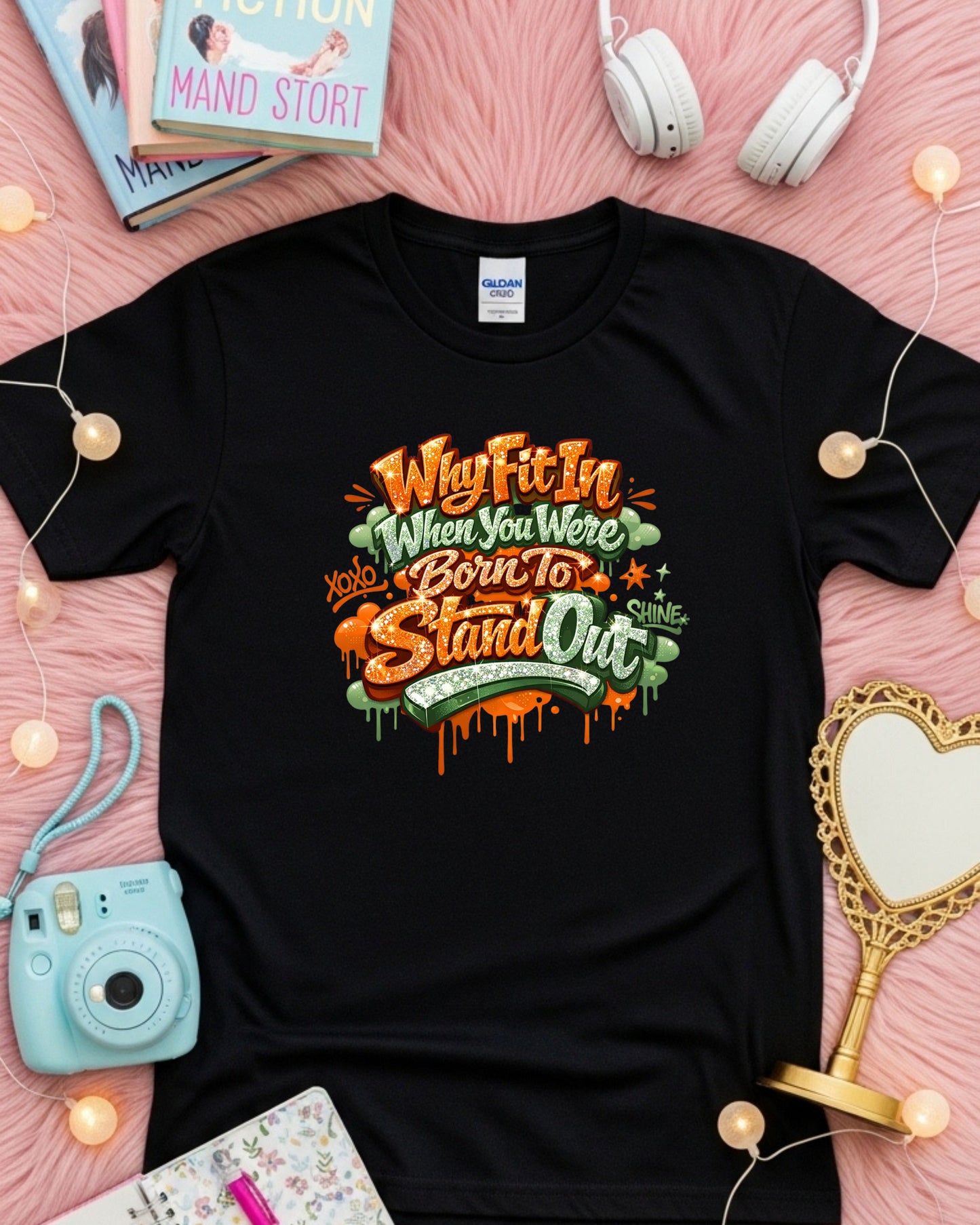 Why Fit In When Your Born To Stand Out T-Shirt – Glitter Graffiti Motivational Quote Tee for Girls