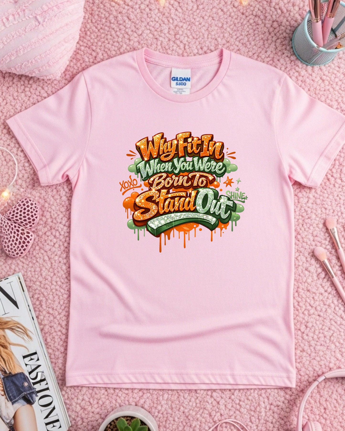 Why Fit In When Your Born To Stand Out T-Shirt – Glitter Graffiti Motivational Quote Tee for Girls