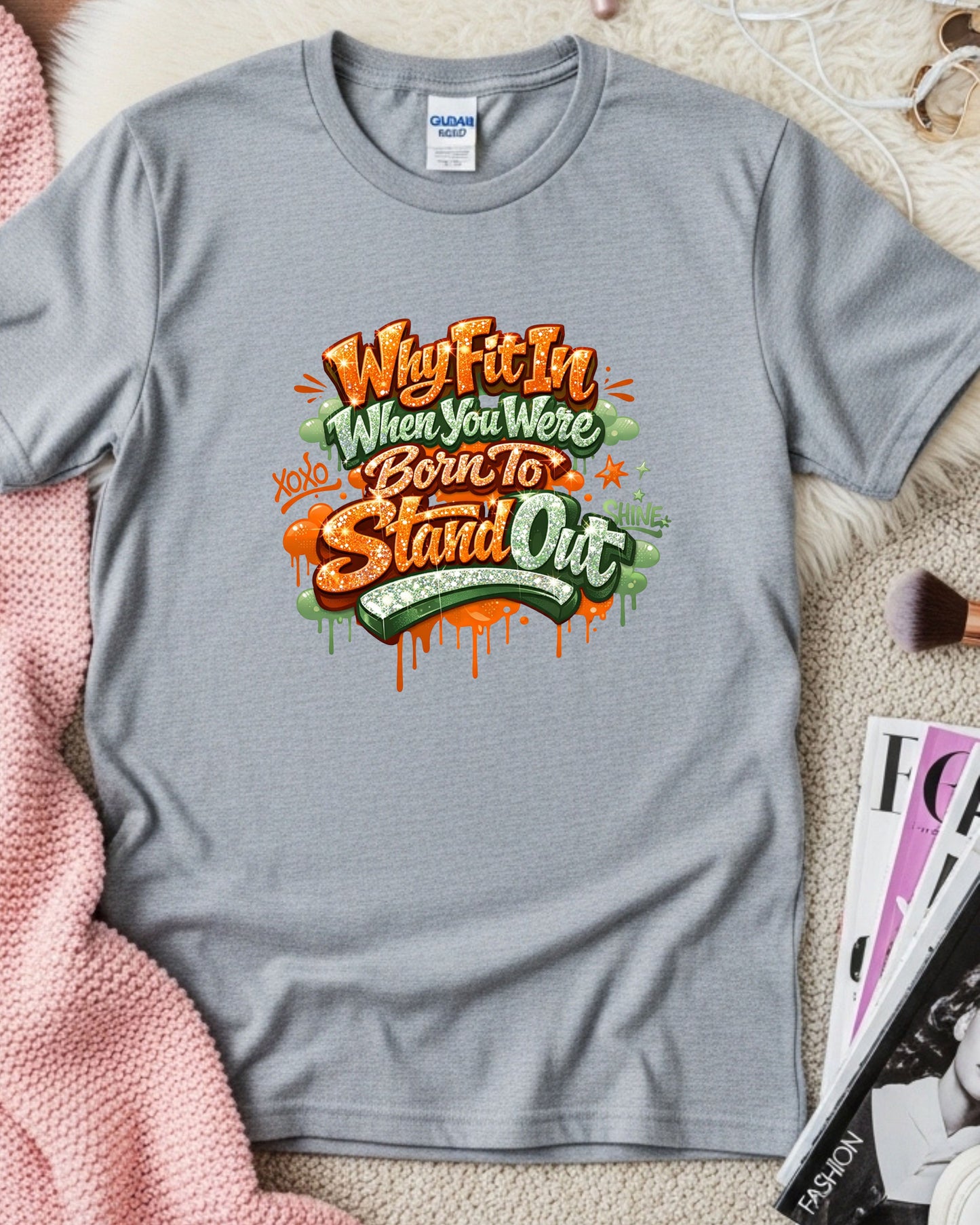 Why Fit In When Your Born To Stand Out T-Shirt – Glitter Graffiti Motivational Quote Tee for Girls