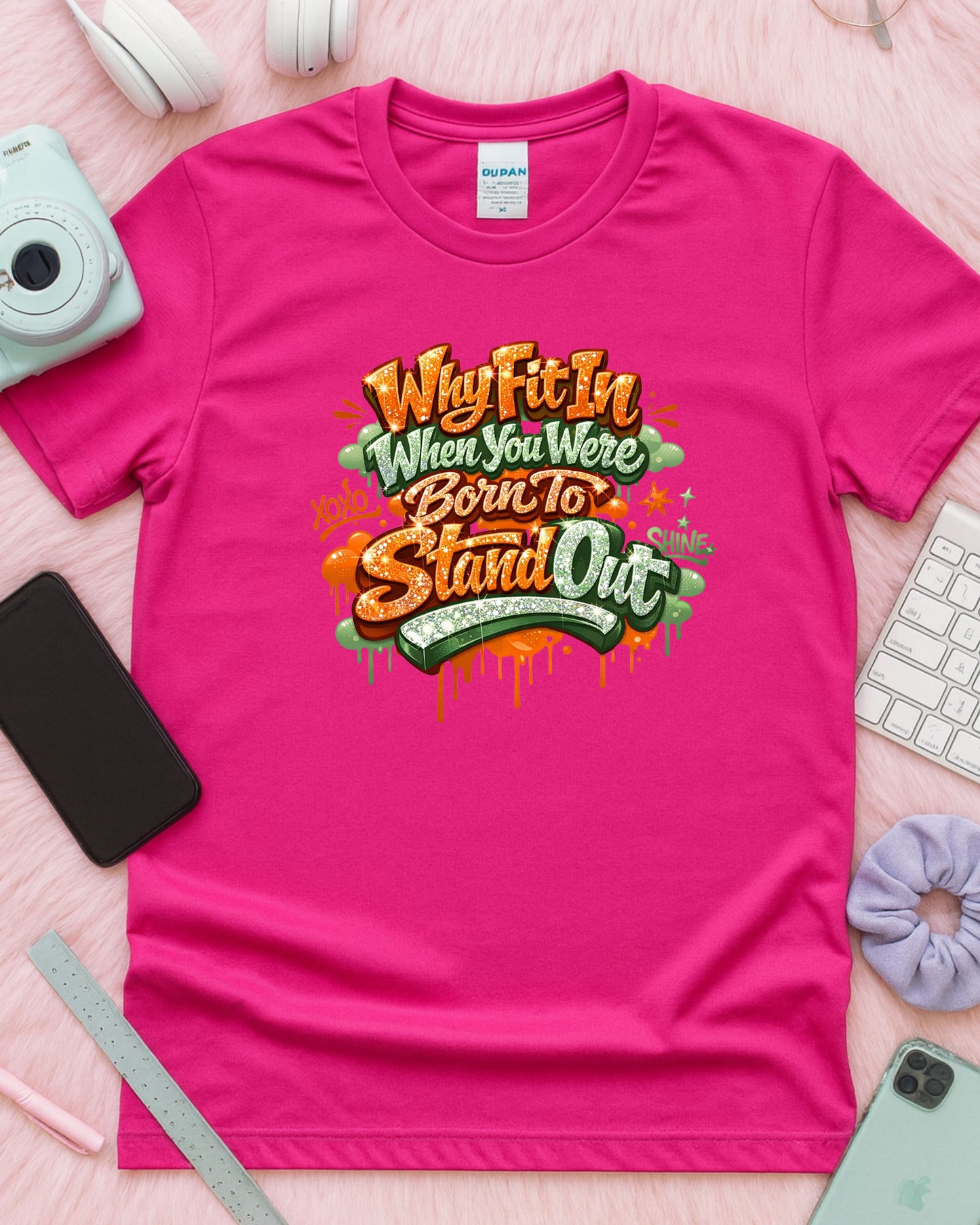 Why Fit In When Your Born To Stand Out T-Shirt – Glitter Graffiti Motivational Quote Tee for Girls