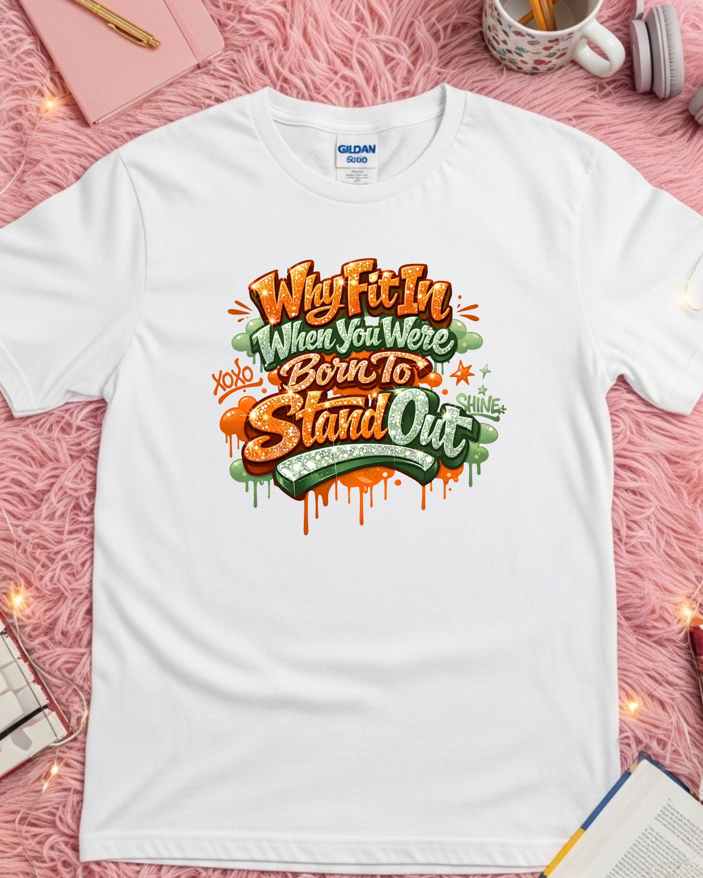 Why Fit In When Your Born To Stand Out T-Shirt – Glitter Graffiti Motivational Quote Tee for Girls