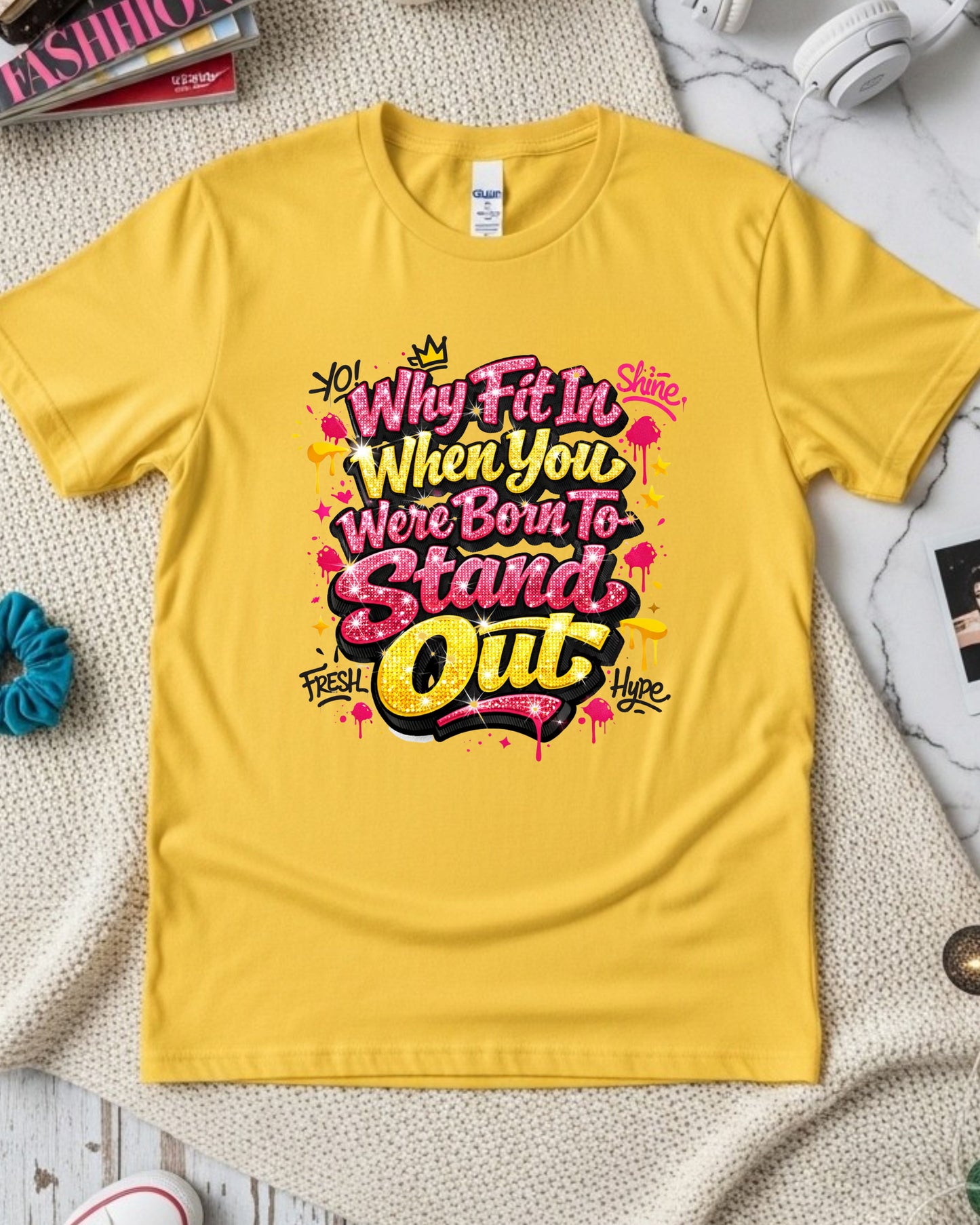 Why Fit In Shirt – Pink Glitter Graffiti Motivational Quote Tee