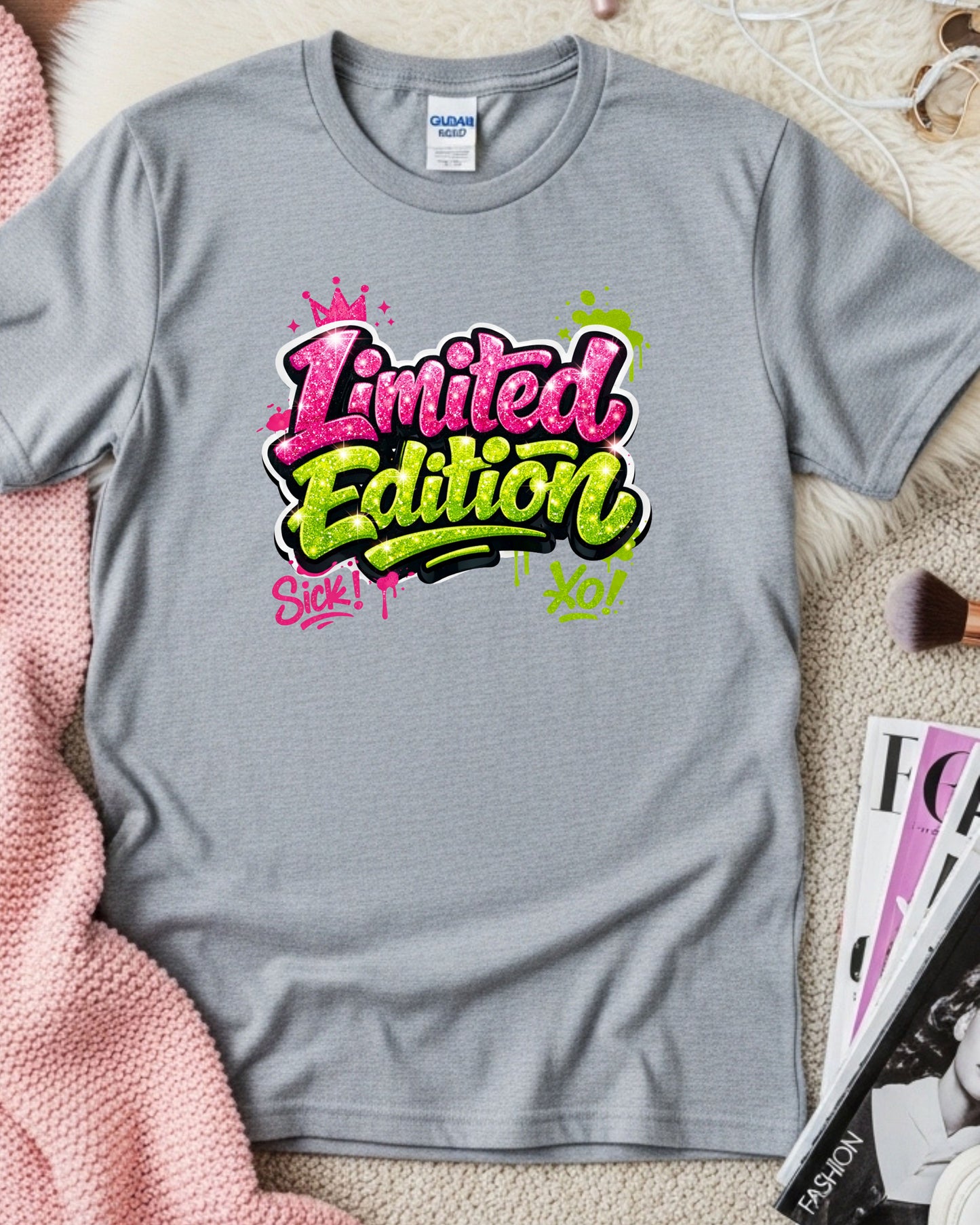 Limited Edition Shirt – Pink & Green Glitter Graffiti Graphic Tee