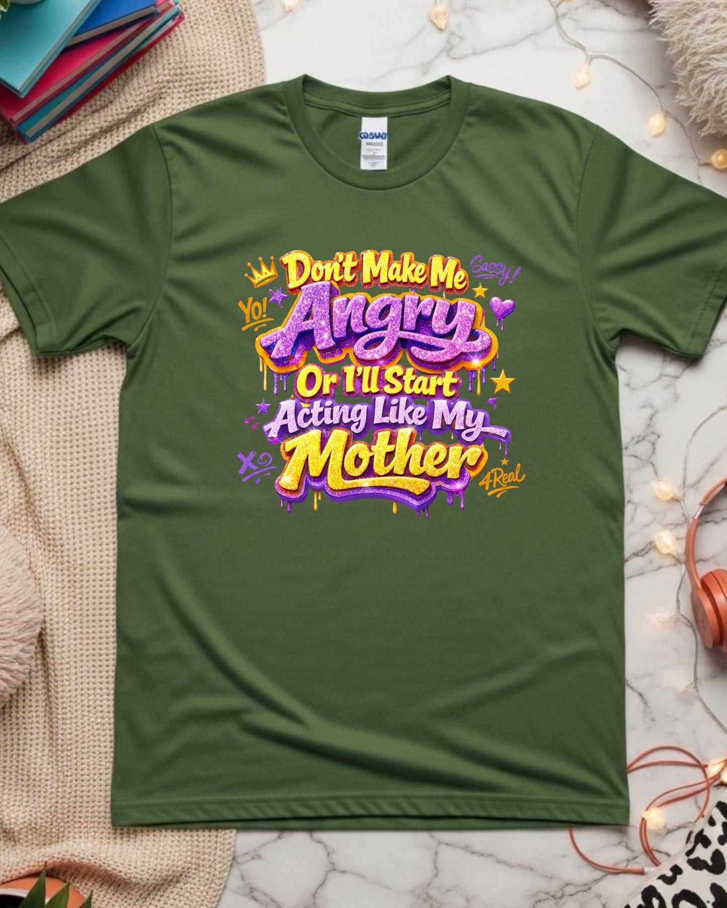 Don’t Make Me Angry Shirt – Purple & Gold Glitter Graffiti Sassy Tee