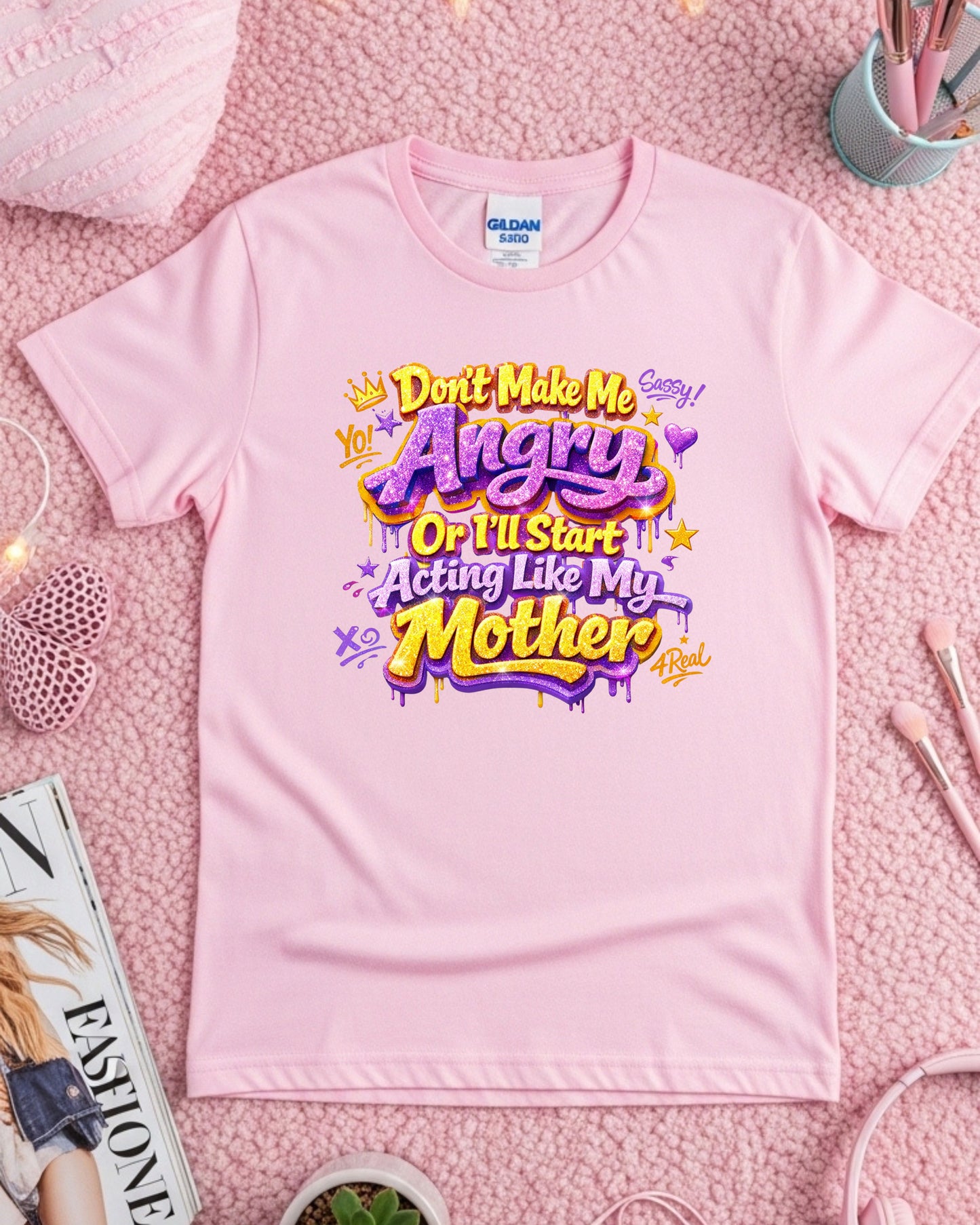 Don’t Make Me Angry Shirt – Purple & Gold Glitter Graffiti Sassy Tee