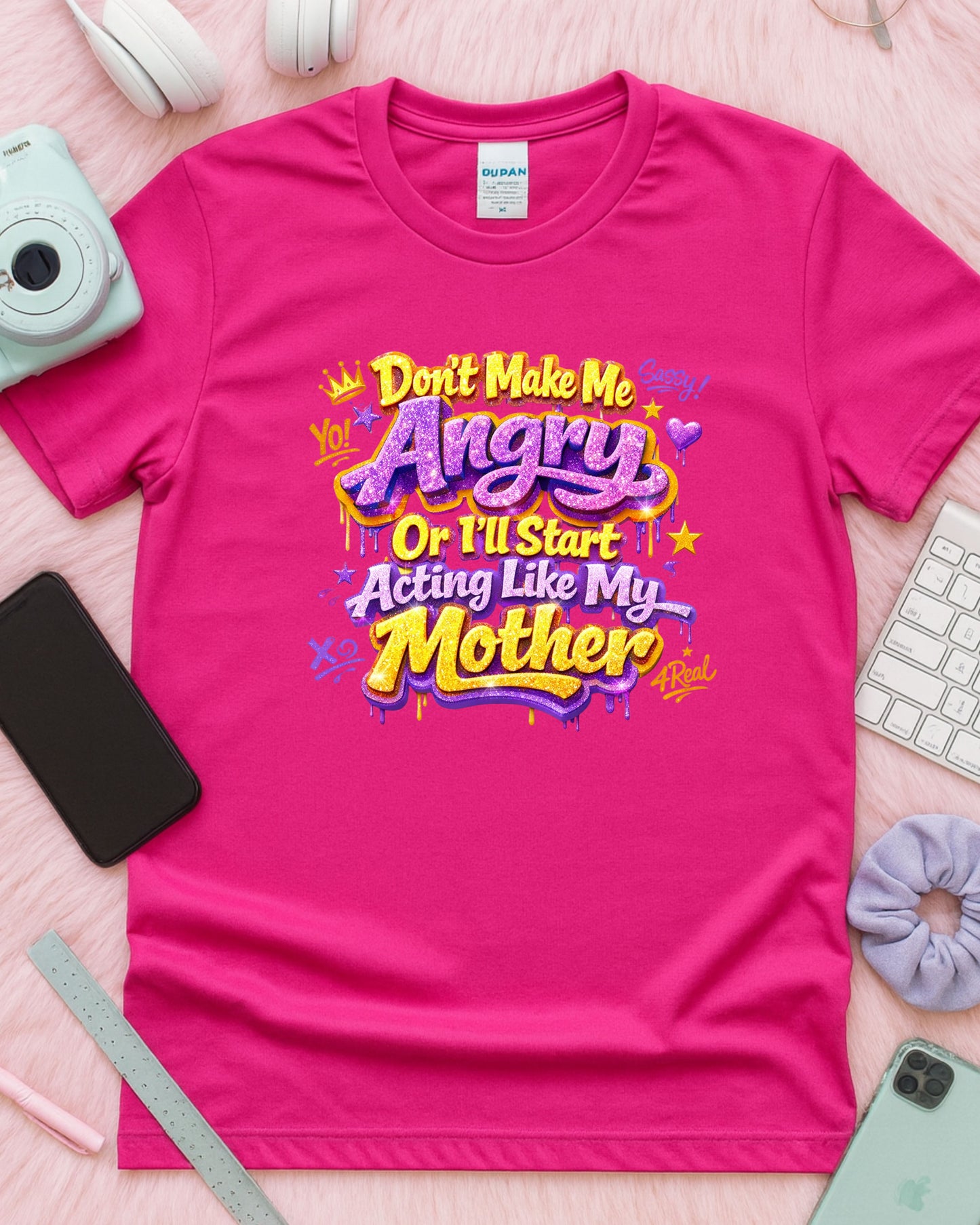 Don’t Make Me Angry Shirt – Purple & Gold Glitter Graffiti Sassy Tee