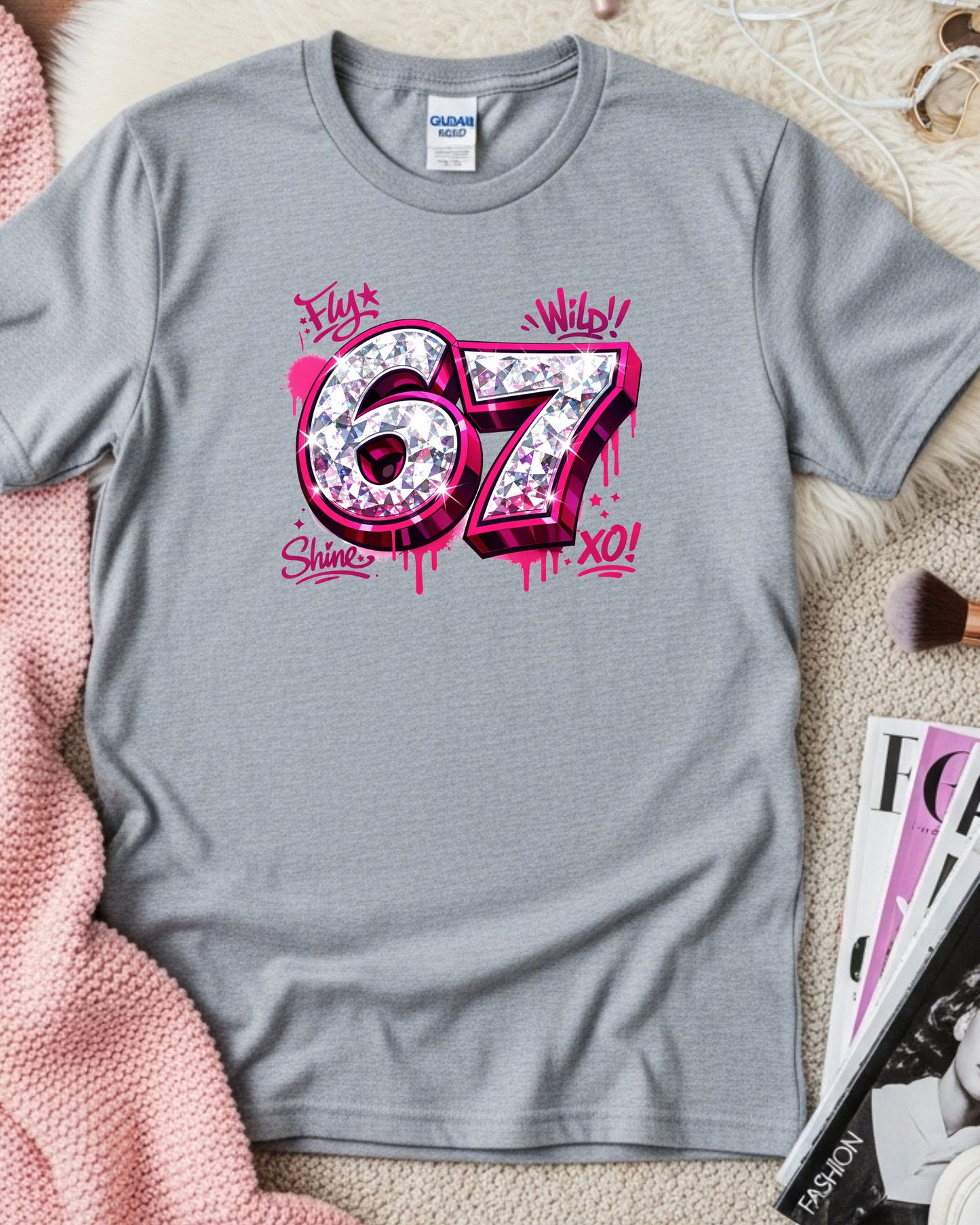 67 Graffiti Shirt – Pink Drip Diamond Number Graphic Tee