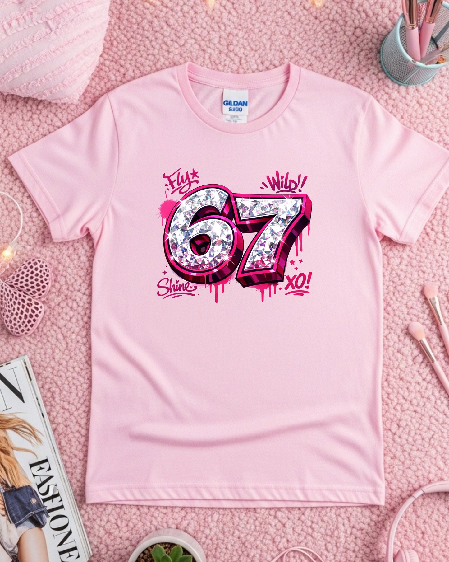 67 Graffiti Shirt – Pink Drip Diamond Number Graphic Tee