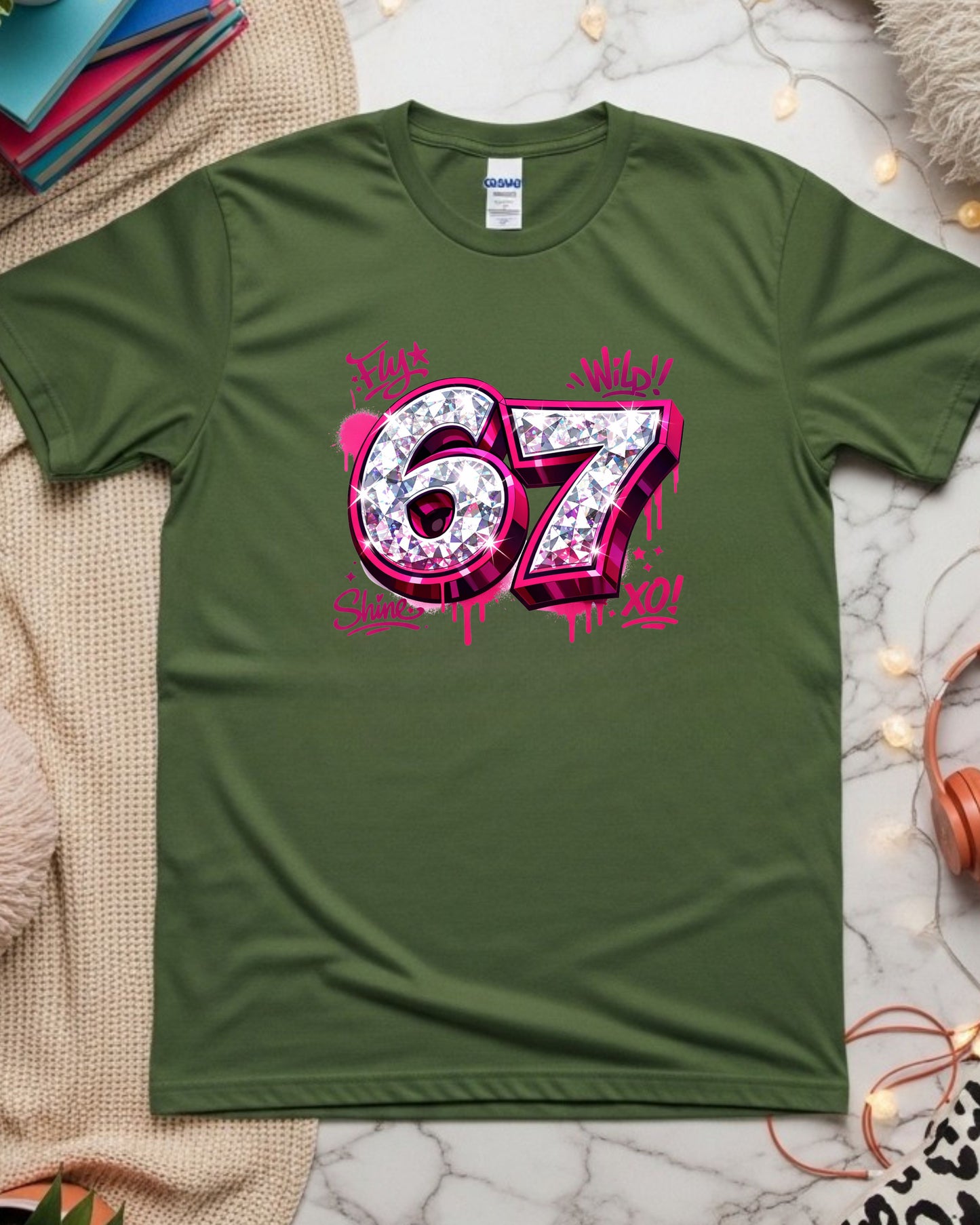 67 Graffiti Shirt – Pink Drip Diamond Number Graphic Tee