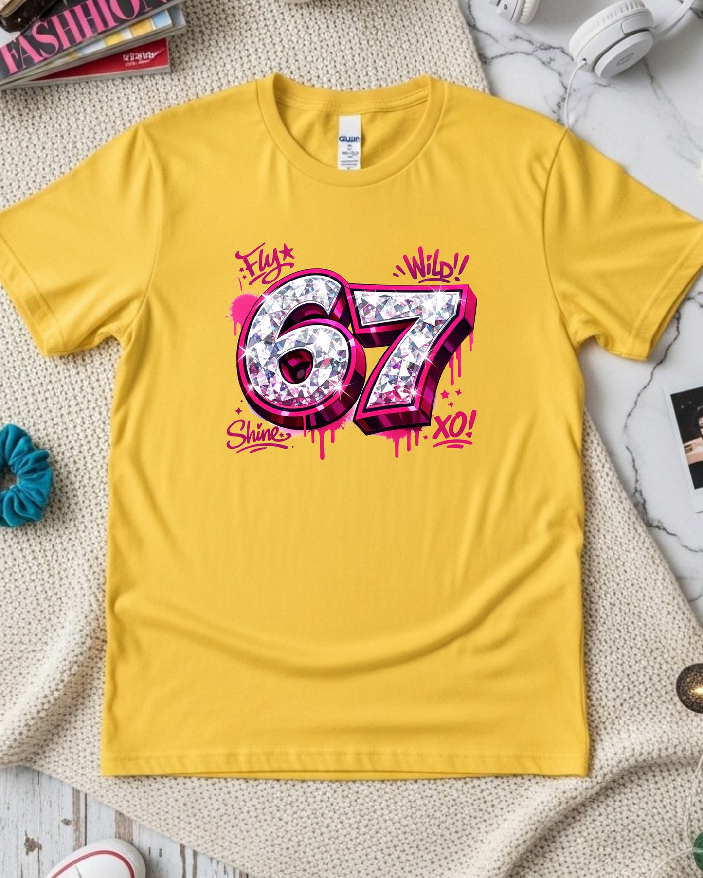 67 Graffiti Shirt – Pink Drip Diamond Number Graphic Tee