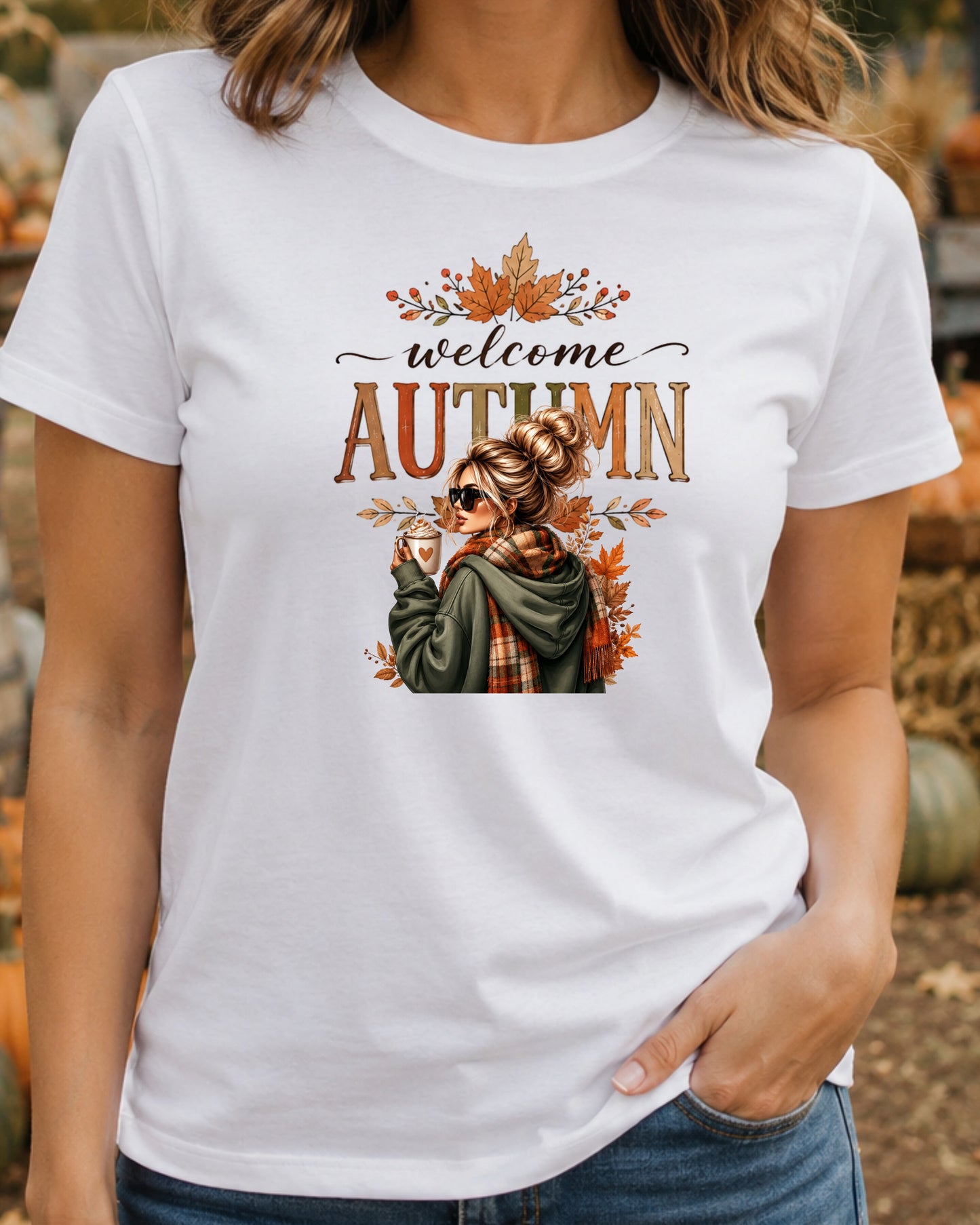 Welcome Autumn Cozy Fall Girl with Coffee Design Fall Season T-Shirt