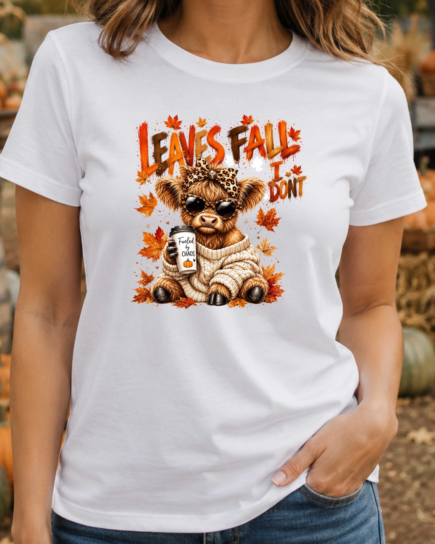 Leaves Fall I Don't Funny Autumn Highland Cow  T-Shirt