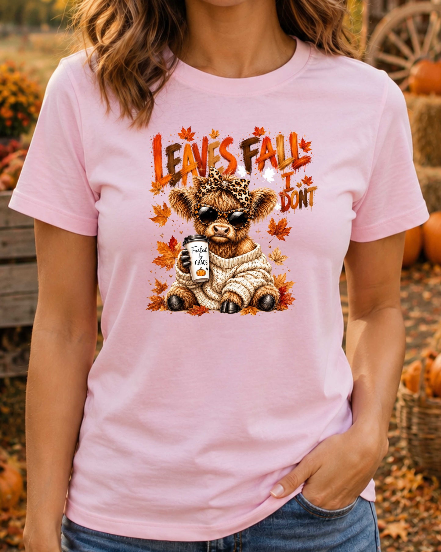 Leaves Fall I Don't Funny Autumn Highland Cow  T-Shirt