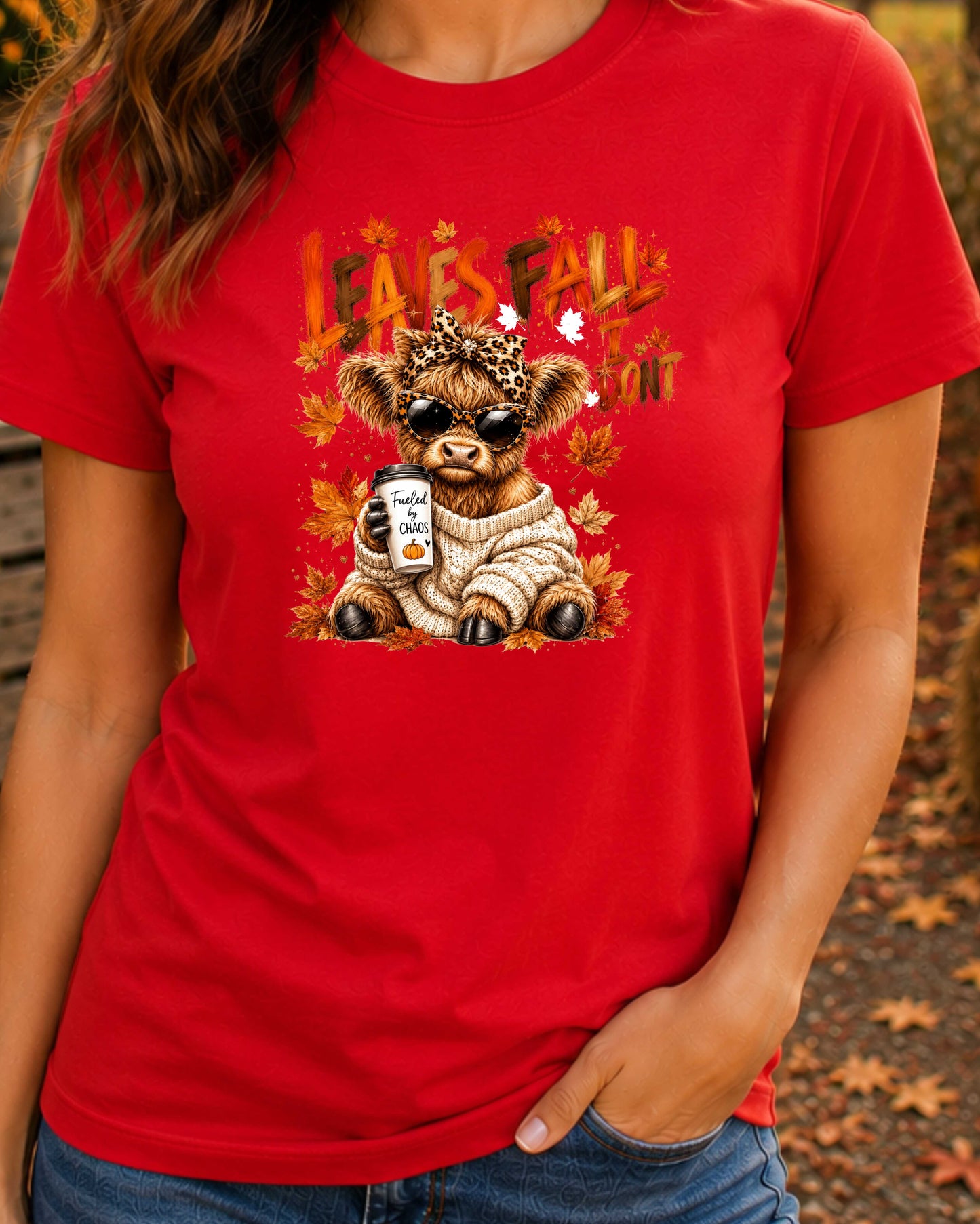 Leaves Fall I Don't Funny Autumn Highland Cow  T-Shirt