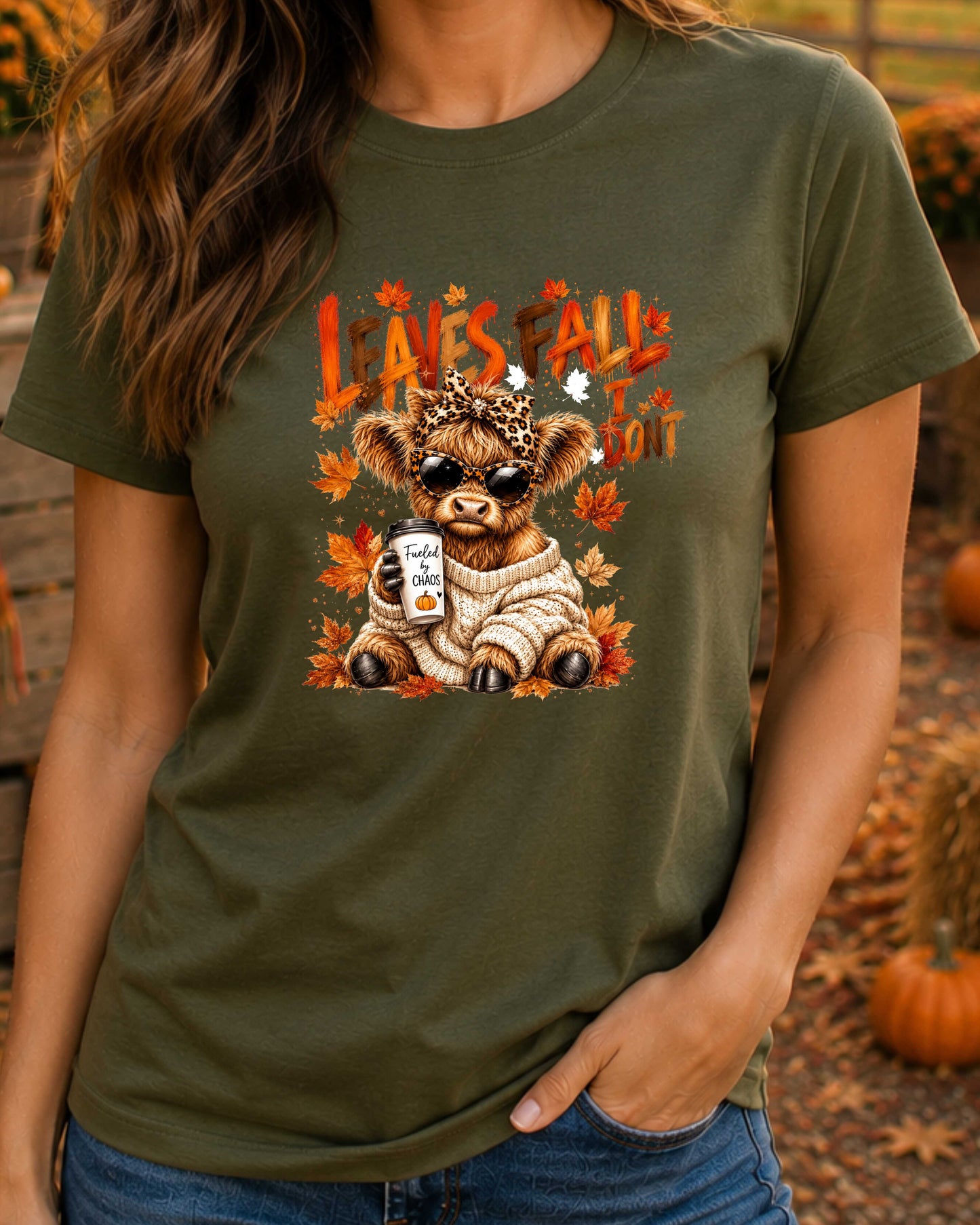 Leaves Fall I Don't Funny Autumn Highland Cow  T-Shirt