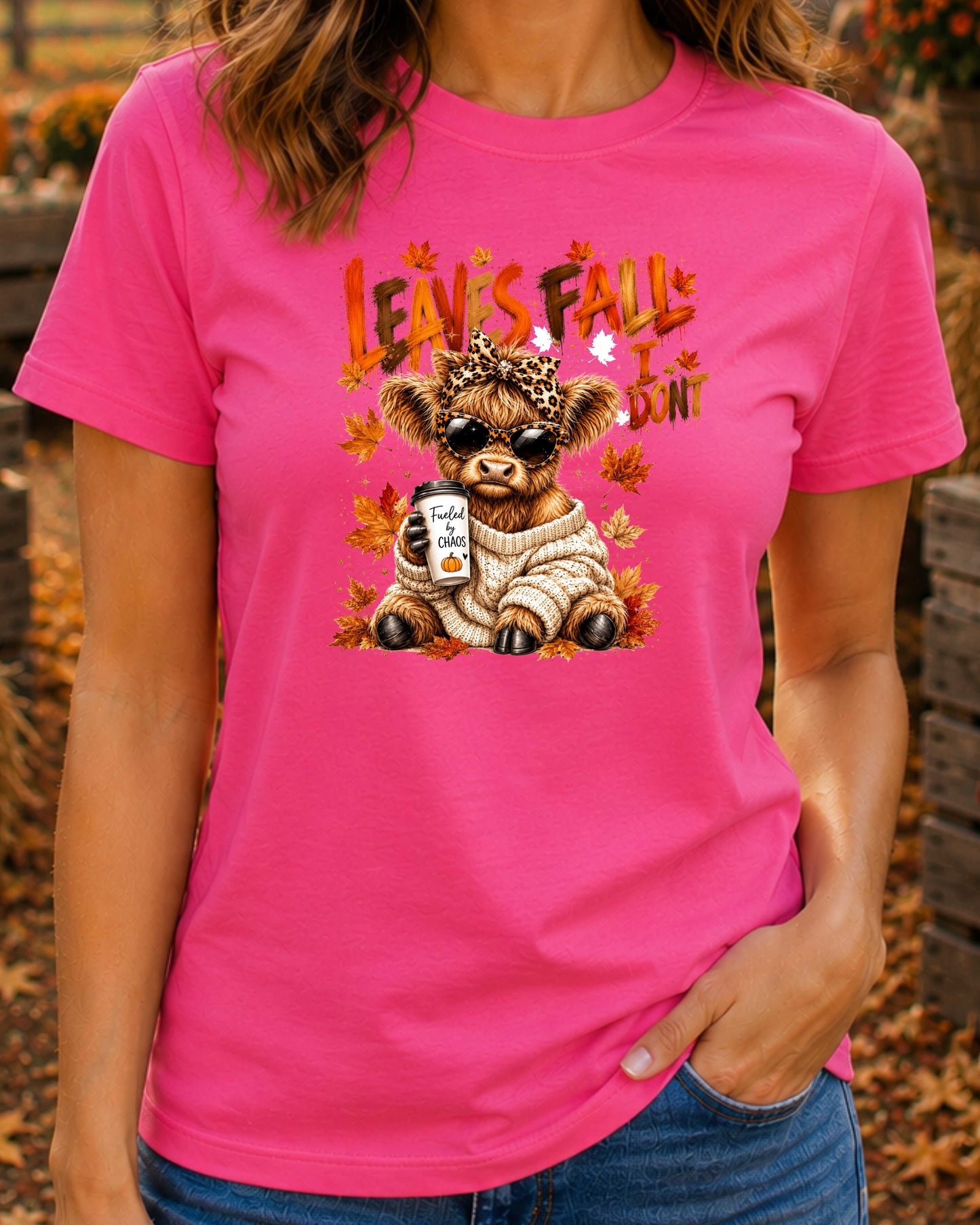Leaves Fall I Don't Funny Autumn Highland Cow  T-Shirt