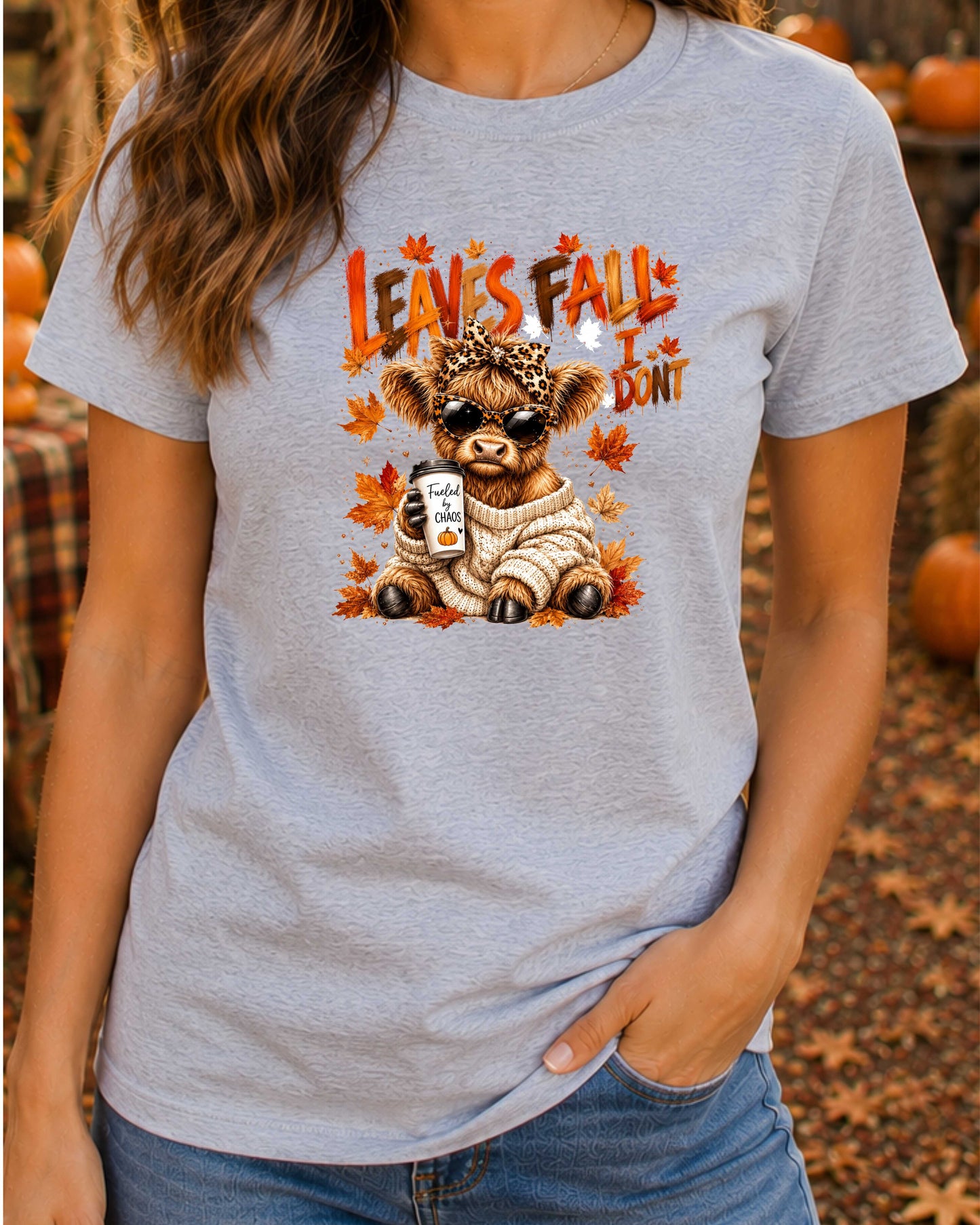 Leaves Fall I Don't Funny Autumn Highland Cow  T-Shirt