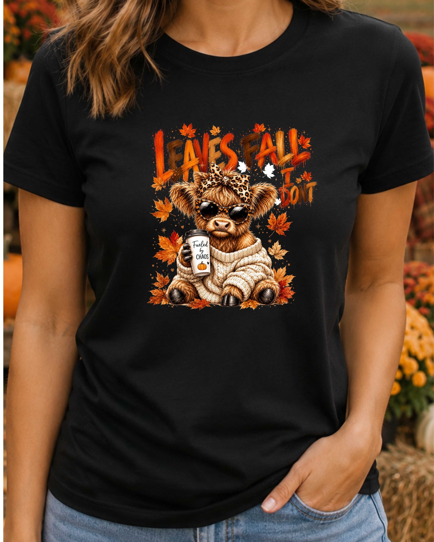 Leaves Fall I Don't Funny Autumn Highland Cow  T-Shirt