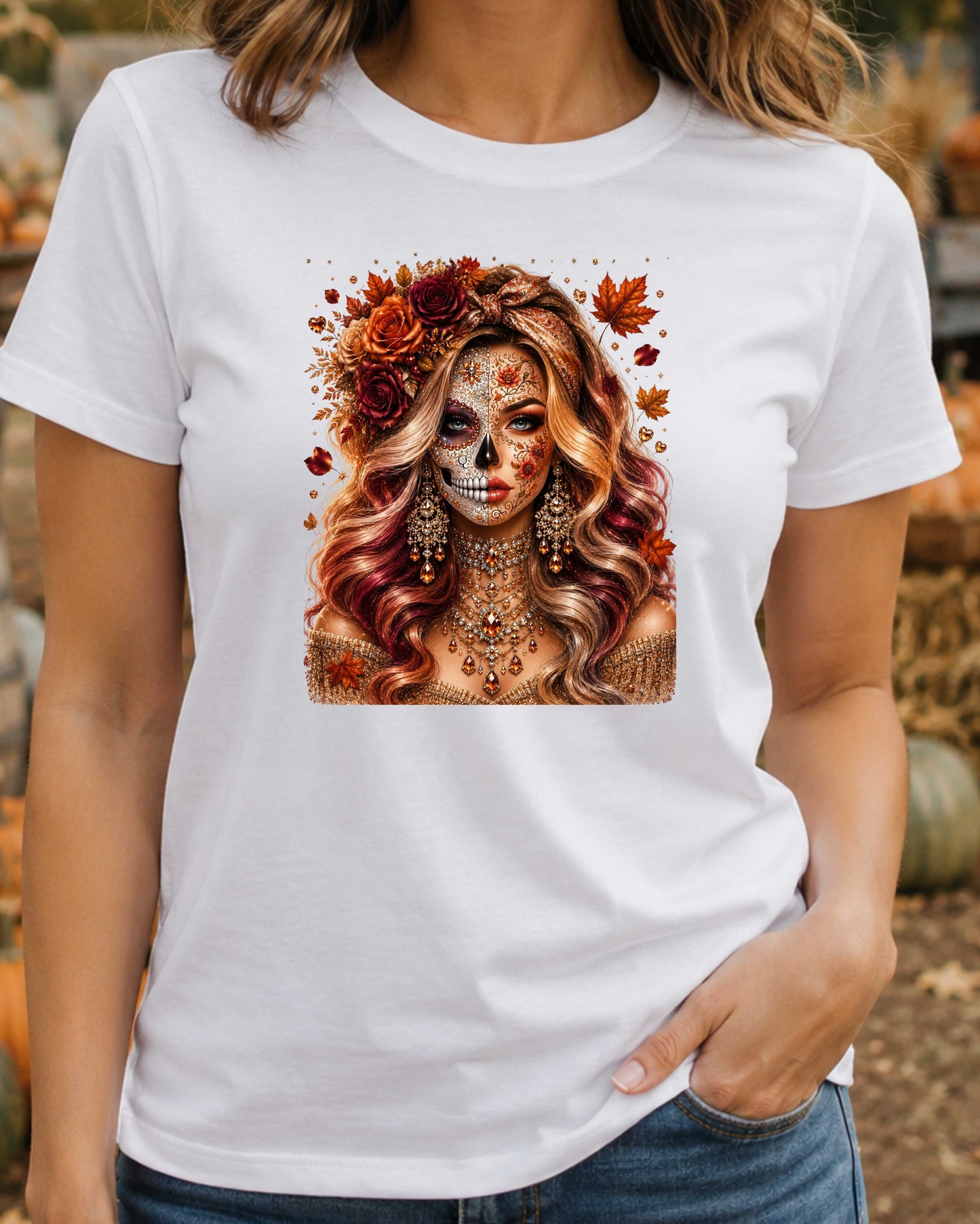 Autumn Sugar Skull Woman Luxury Fall Glamour T-Shirt