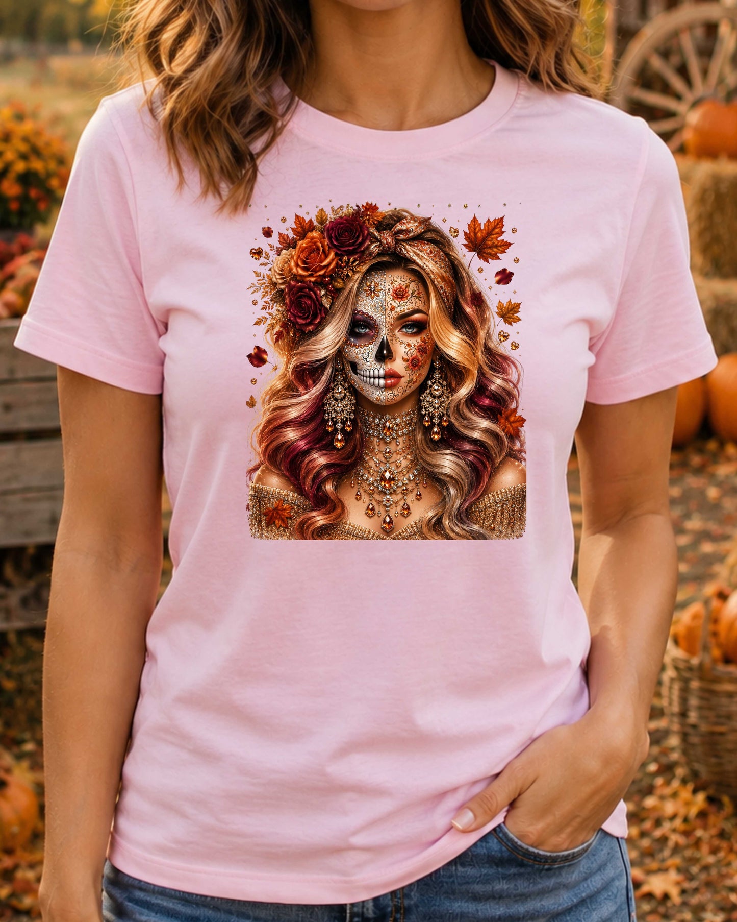 Autumn Sugar Skull Woman Luxury Fall Glamour T-Shirt