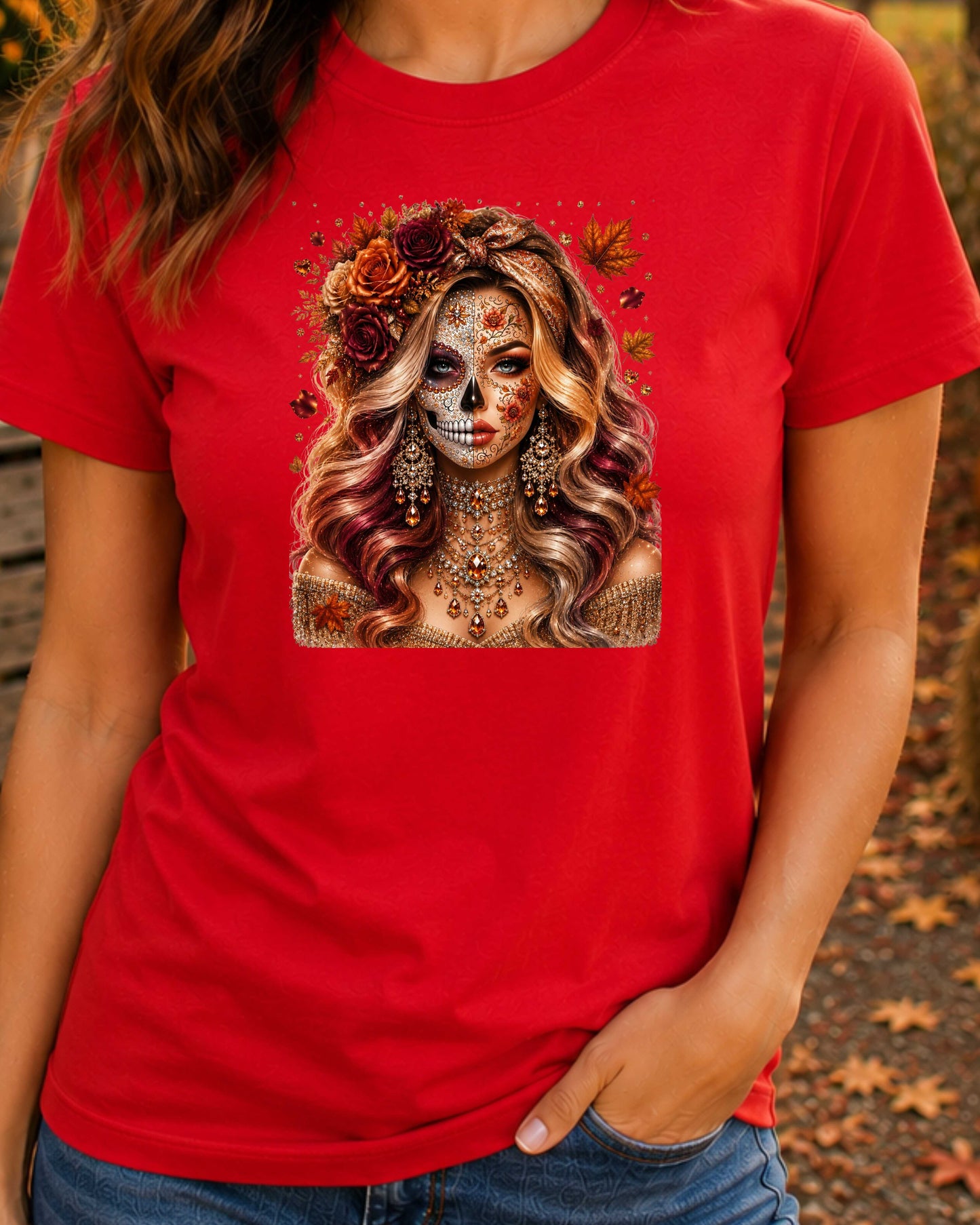 Autumn Sugar Skull Woman Luxury Fall Glamour T-Shirt
