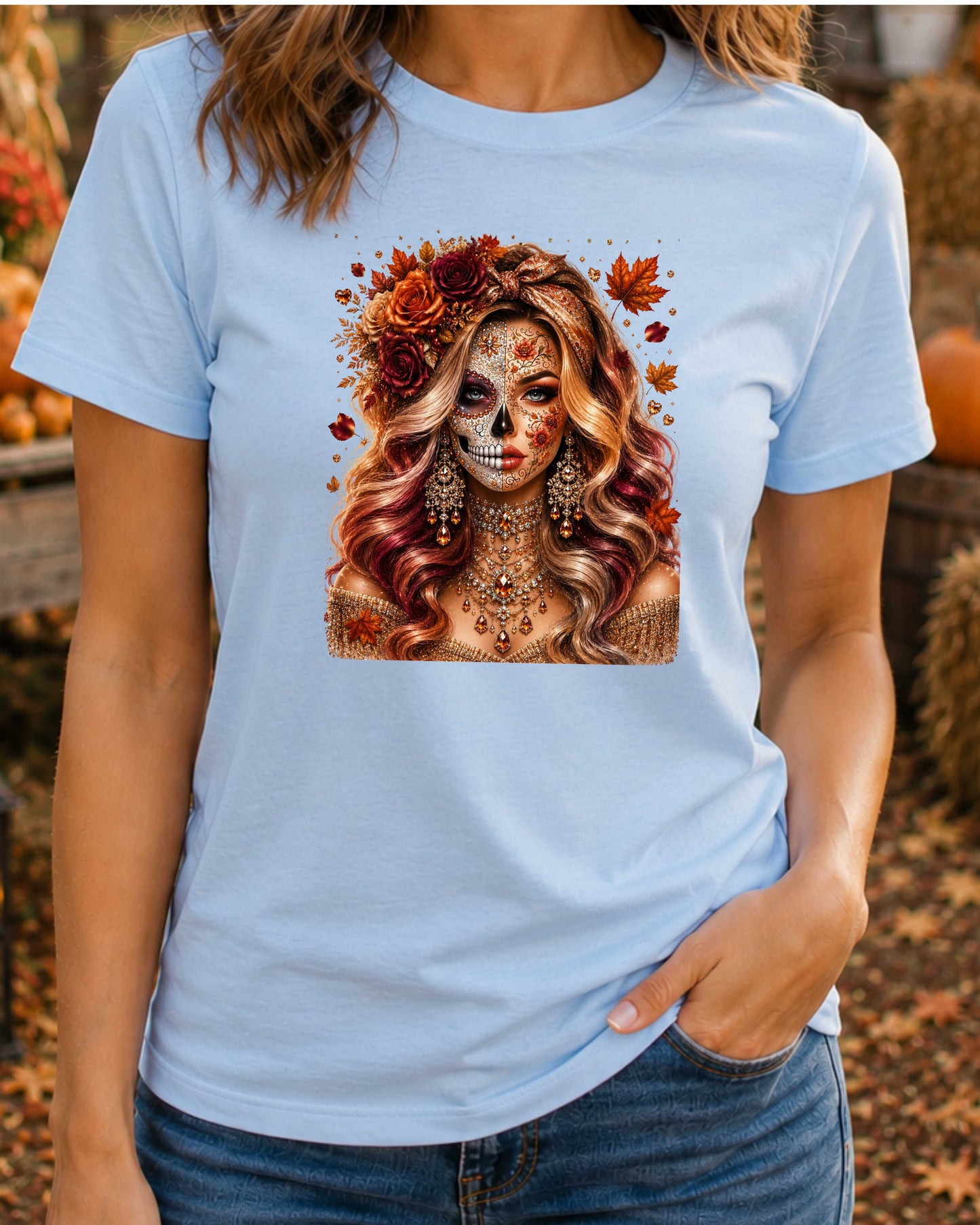 Autumn Sugar Skull Woman Luxury Fall Glamour T-Shirt
