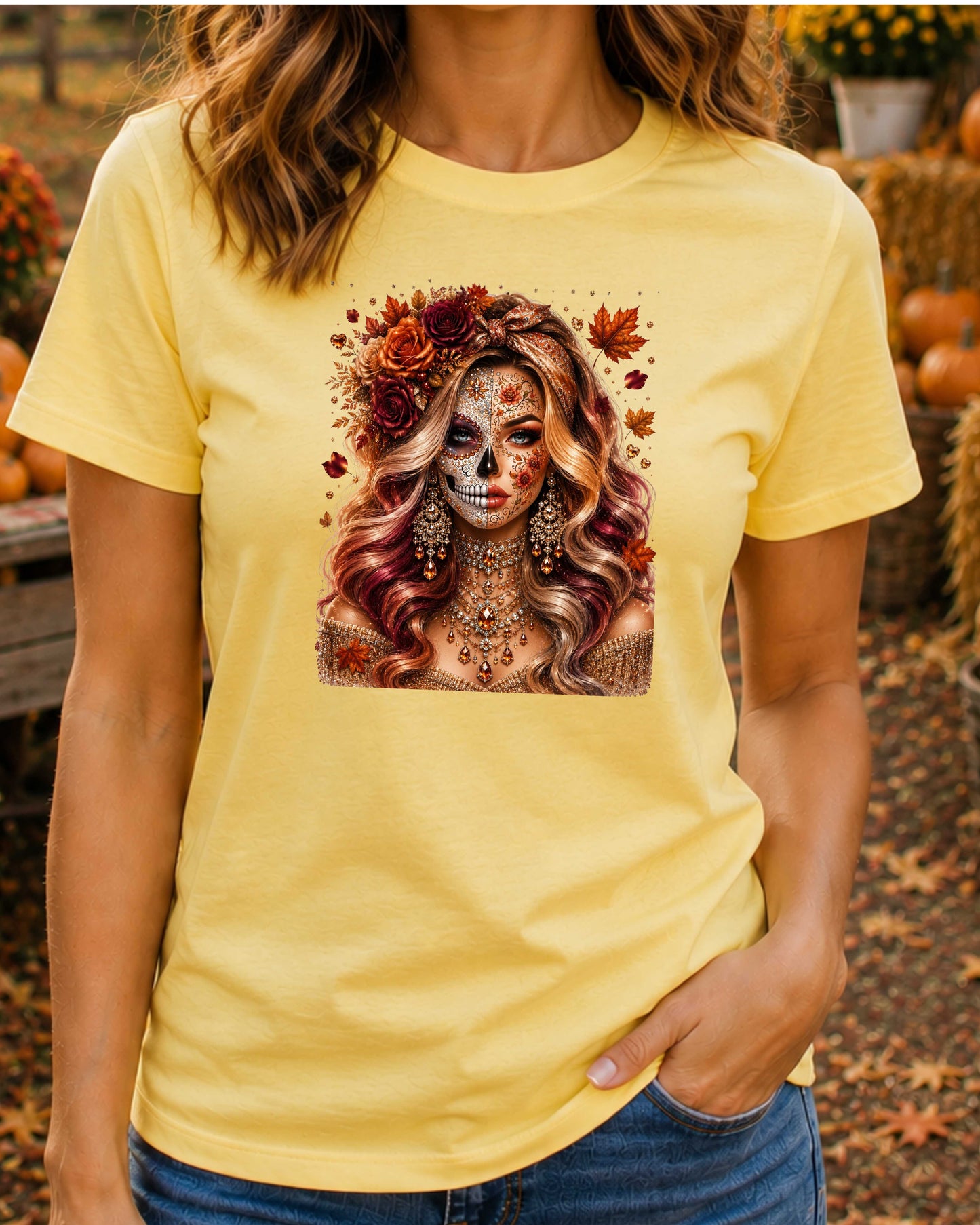 Autumn Sugar Skull Woman Luxury Fall Glamour T-Shirt