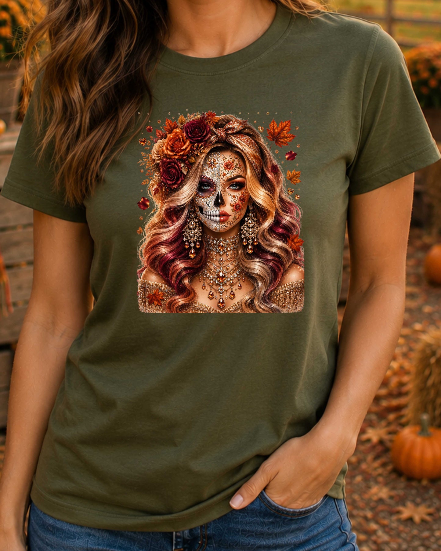 Autumn Sugar Skull Woman Luxury Fall Glamour T-Shirt