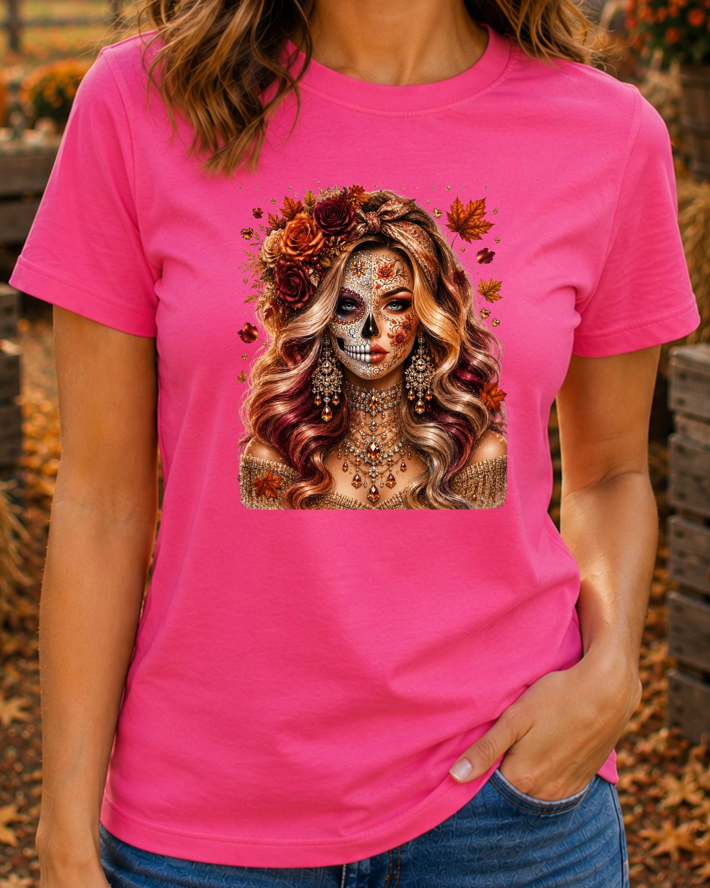 Autumn Sugar Skull Woman Luxury Fall Glamour T-Shirt
