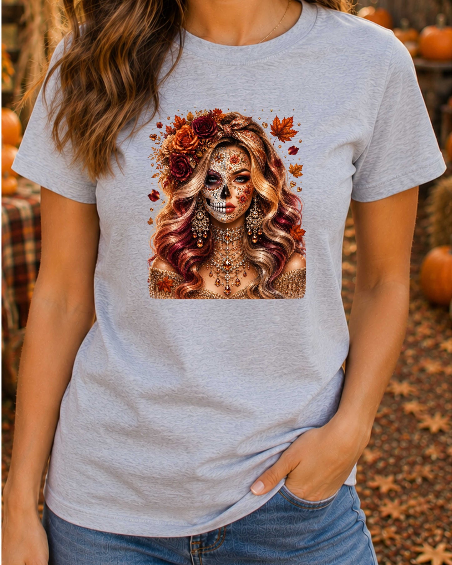 Autumn Sugar Skull Woman Luxury Fall Glamour T-Shirt