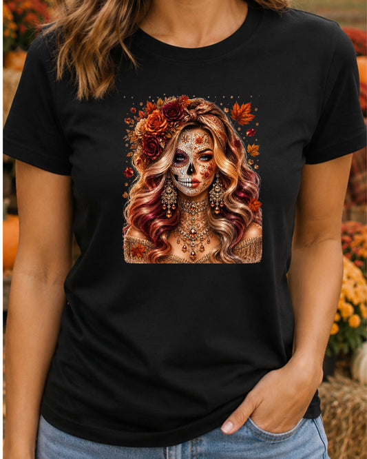 Autumn Sugar Skull Woman Luxury Fall Glamour T-Shirt