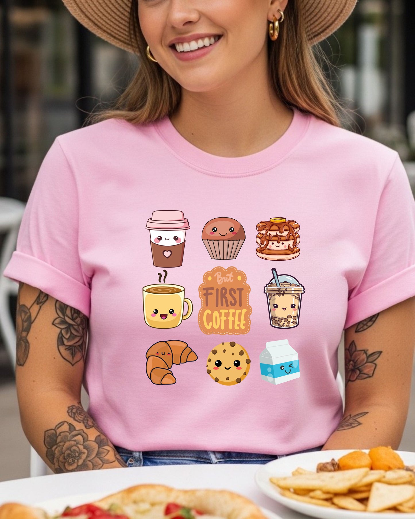 Kawaii Breakfast Coffee T‑Shirt PNG – Cute But First Coffee Graphic with Pancakes, Boba, Croissant & Smiling Café Characters for DTG & Sublimation