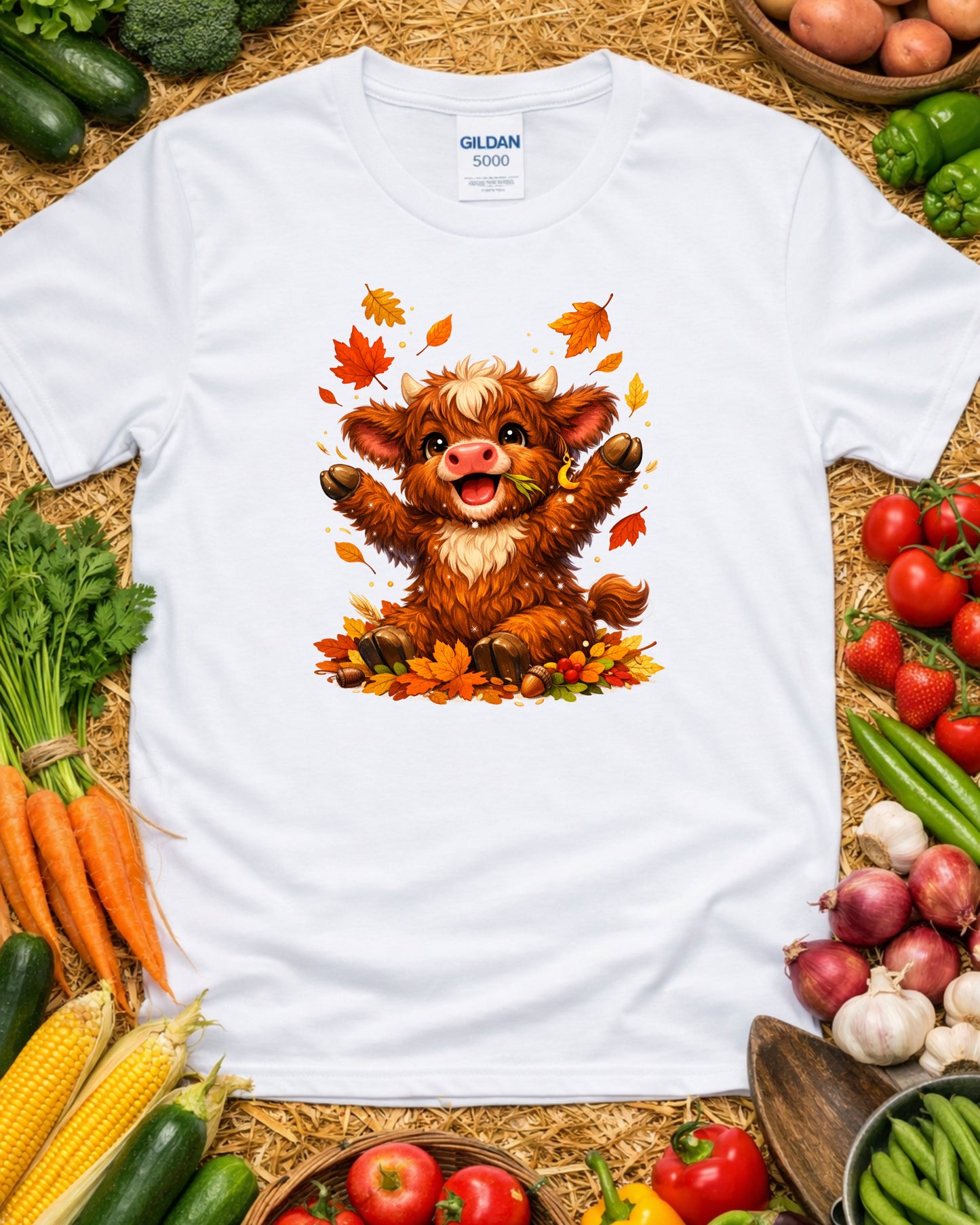 Autumn Highland Cow Clipart – Cute Fall Cow PNG, Kawaii Baby Cow Illustration, Rustic Fall Leaves Animal Art for Sublimation & Kids Decor