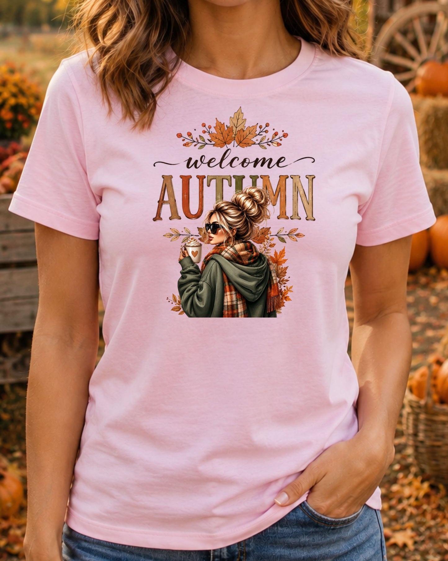 Welcome Autumn Cozy Fall Girl with Coffee Design Fall Season T-Shirt