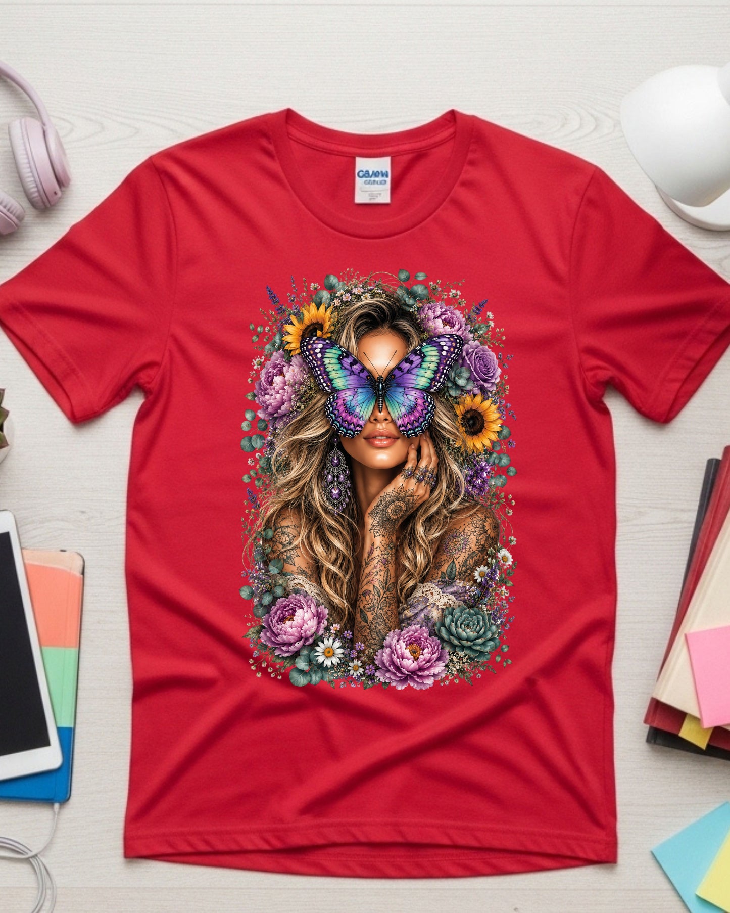 Boho Butterfly Woman Shirt, Blonde Floral Tattoo Tee,